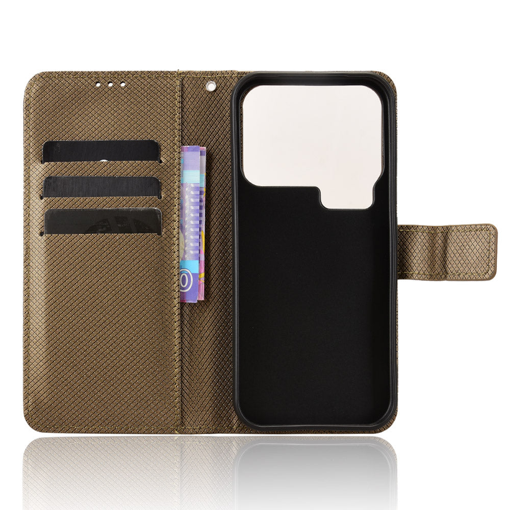 For Xiaomi 17 Pro Max Leather Wallet Case with Strap Diamond Texture Phone Cover - Brown