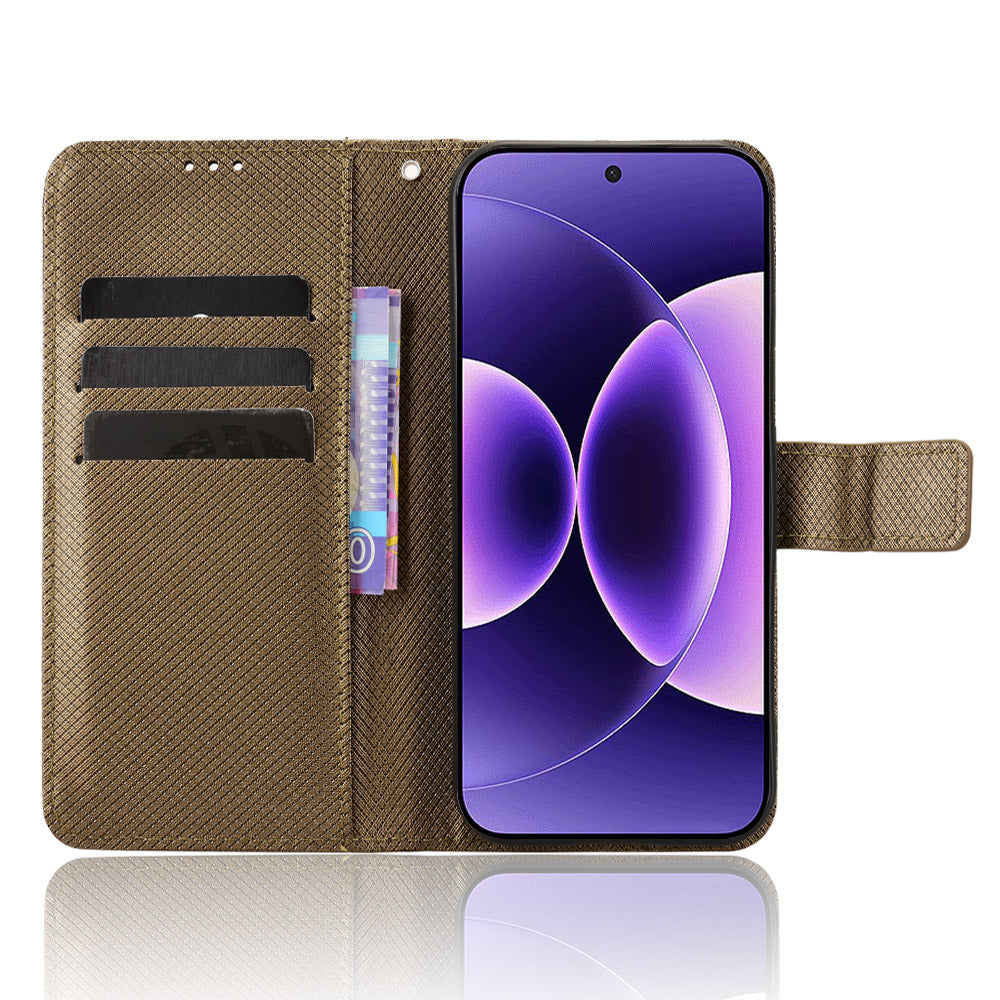 For Xiaomi 17 Pro Max Leather Wallet Case with Strap Diamond Texture Phone Cover - Brown