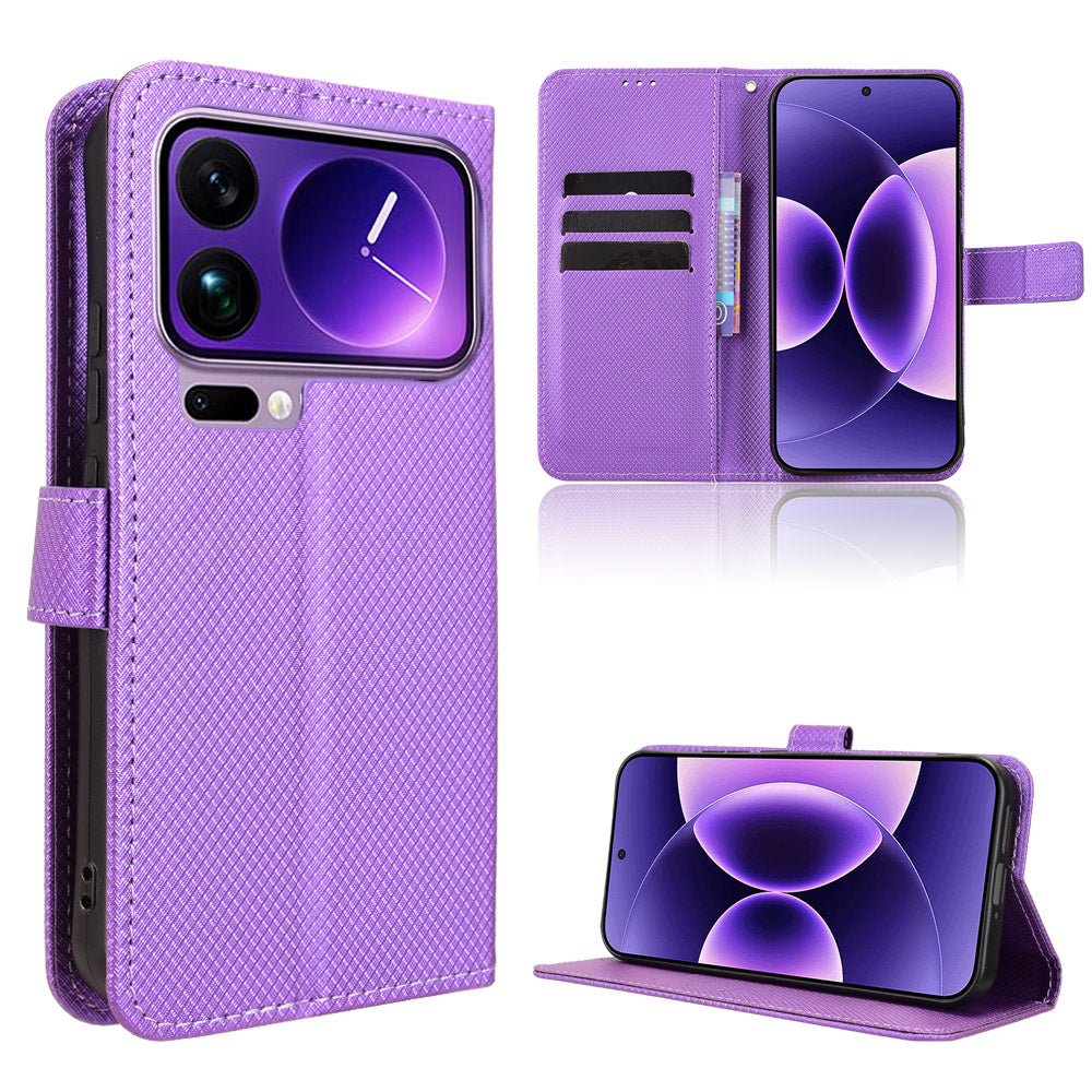 For Xiaomi 17 Pro Max Leather Wallet Case with Strap Diamond Texture Phone Cover - Purple