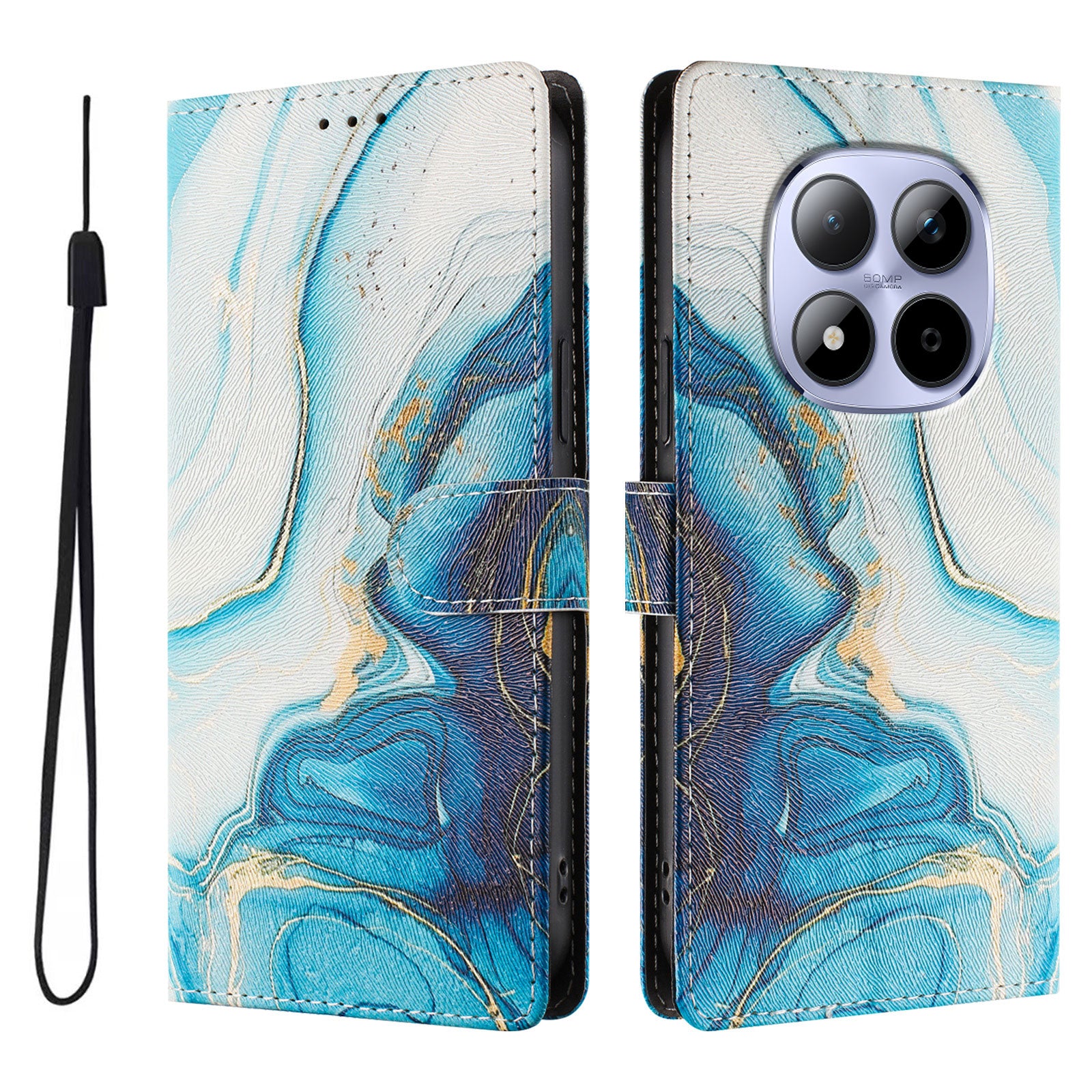 For Xiaomi Redmi Note 15 Pro 5G (Global) Case Pattern Print PU Leather Wallet Phone Cover with Wrist Strap - Blue Marble