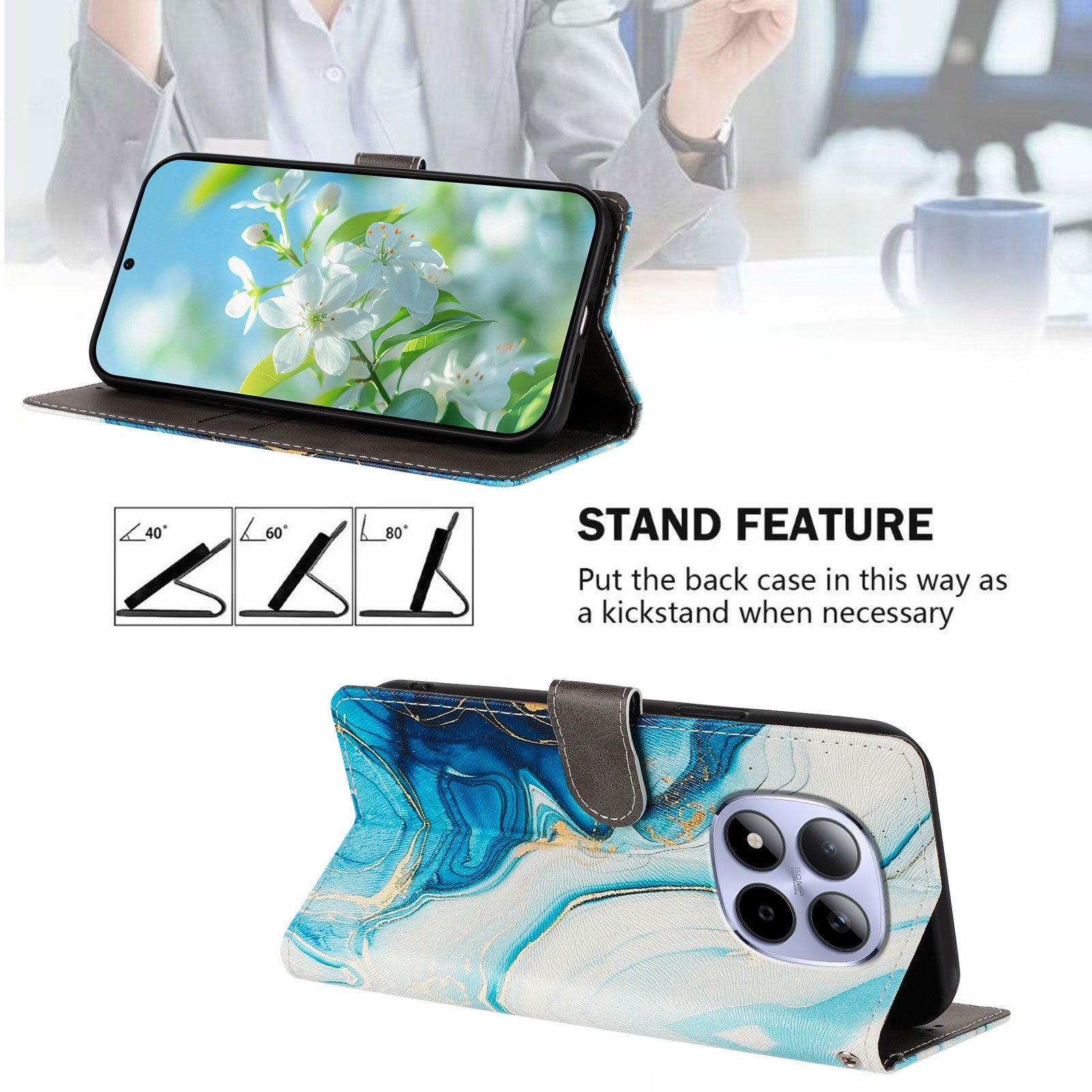 For Xiaomi Redmi Note 15 Pro 5G (Global) Case Pattern Print PU Leather Wallet Phone Cover with Wrist Strap - Blue Marble