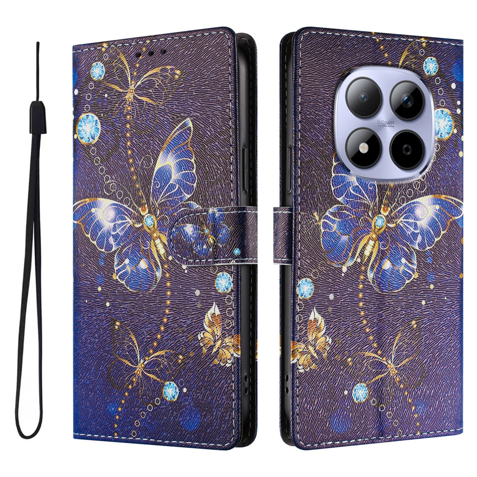 For Xiaomi Redmi Note 15 Pro 5G (Global) Case Pattern Print PU Leather Wallet Phone Cover with Wrist Strap - Blue Butterfly