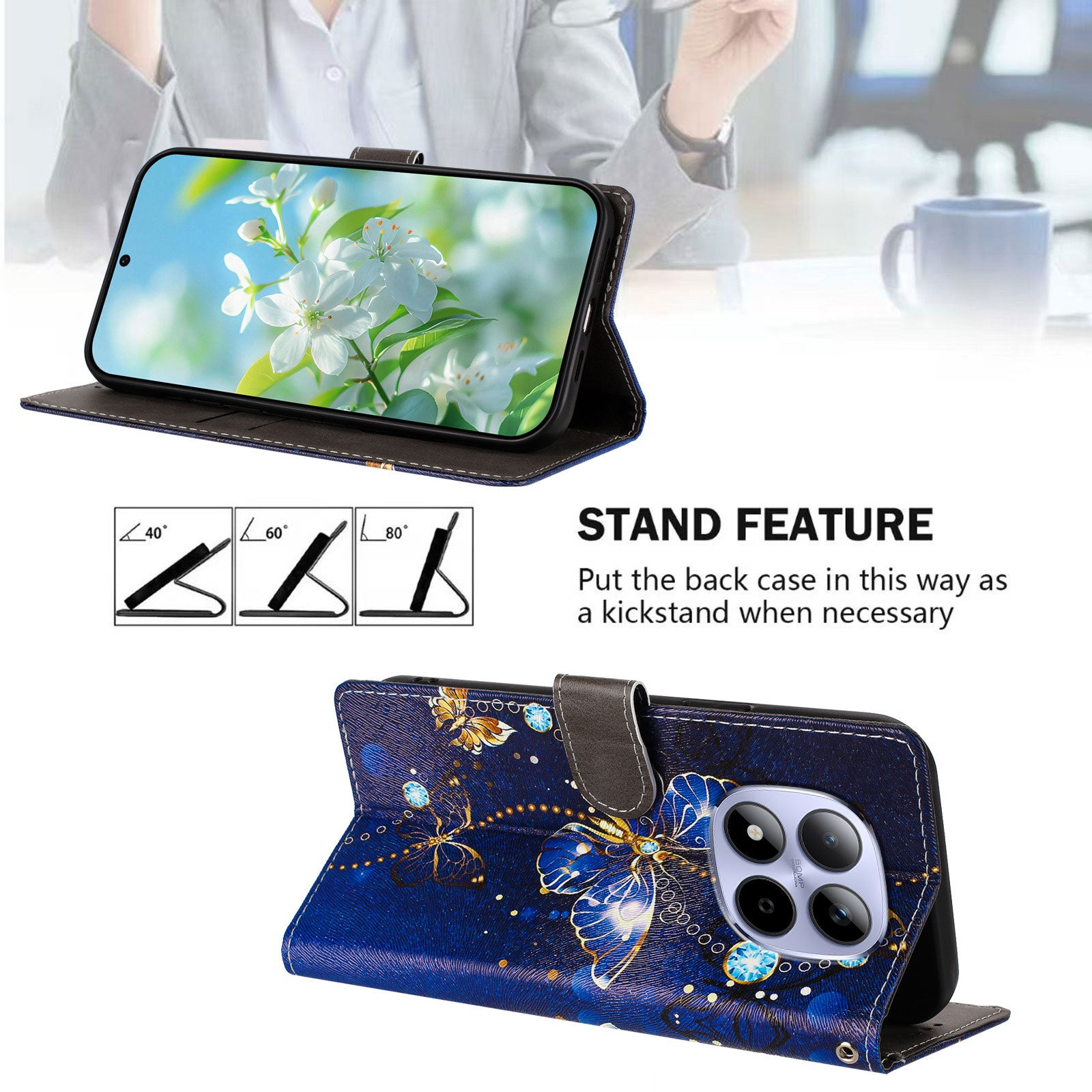 For Xiaomi Redmi Note 15 Pro 5G (Global) Case Pattern Print PU Leather Wallet Phone Cover with Wrist Strap - Blue Butterfly
