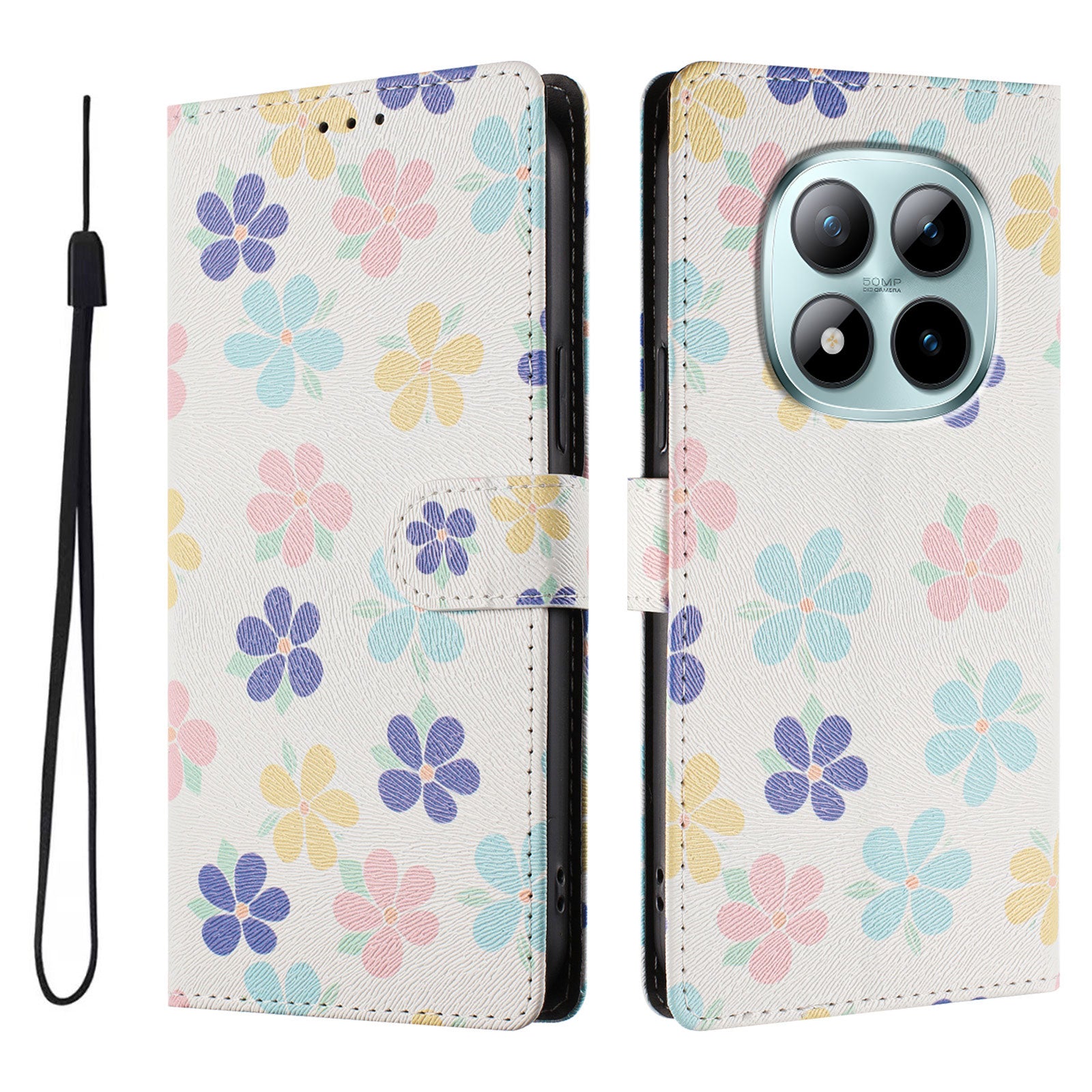 For Xiaomi Poco M8 Pro 5G / Redmi Note 15 Pro+ 5G (Global) Case Pattern Print PU Leather Wallet Phone Cover with Wrist Strap - Colored Flowers