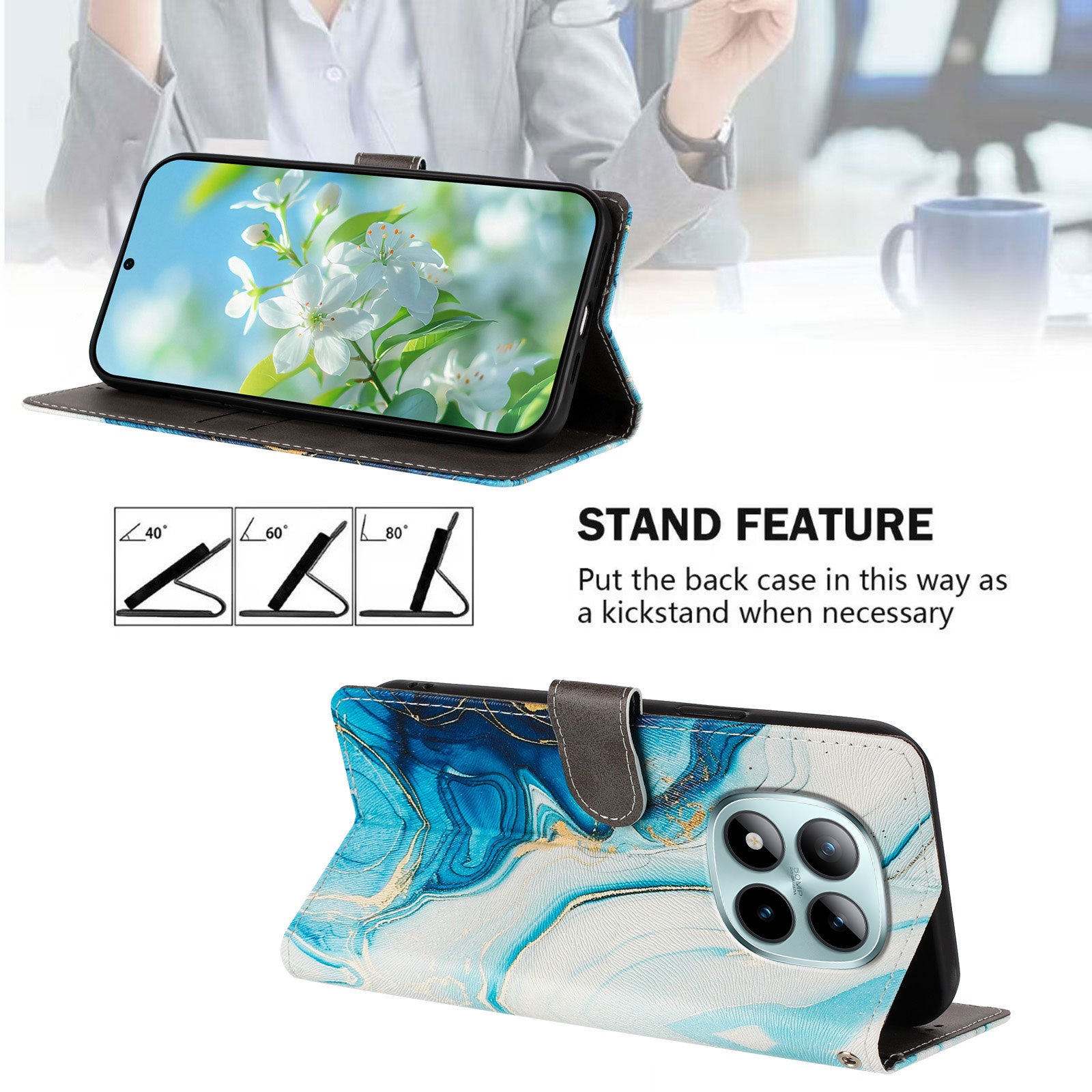 For Xiaomi Poco M8 Pro 5G / Redmi Note 15 Pro+ 5G (Global) Case Pattern Print PU Leather Wallet Phone Cover with Wrist Strap - Blue Marble