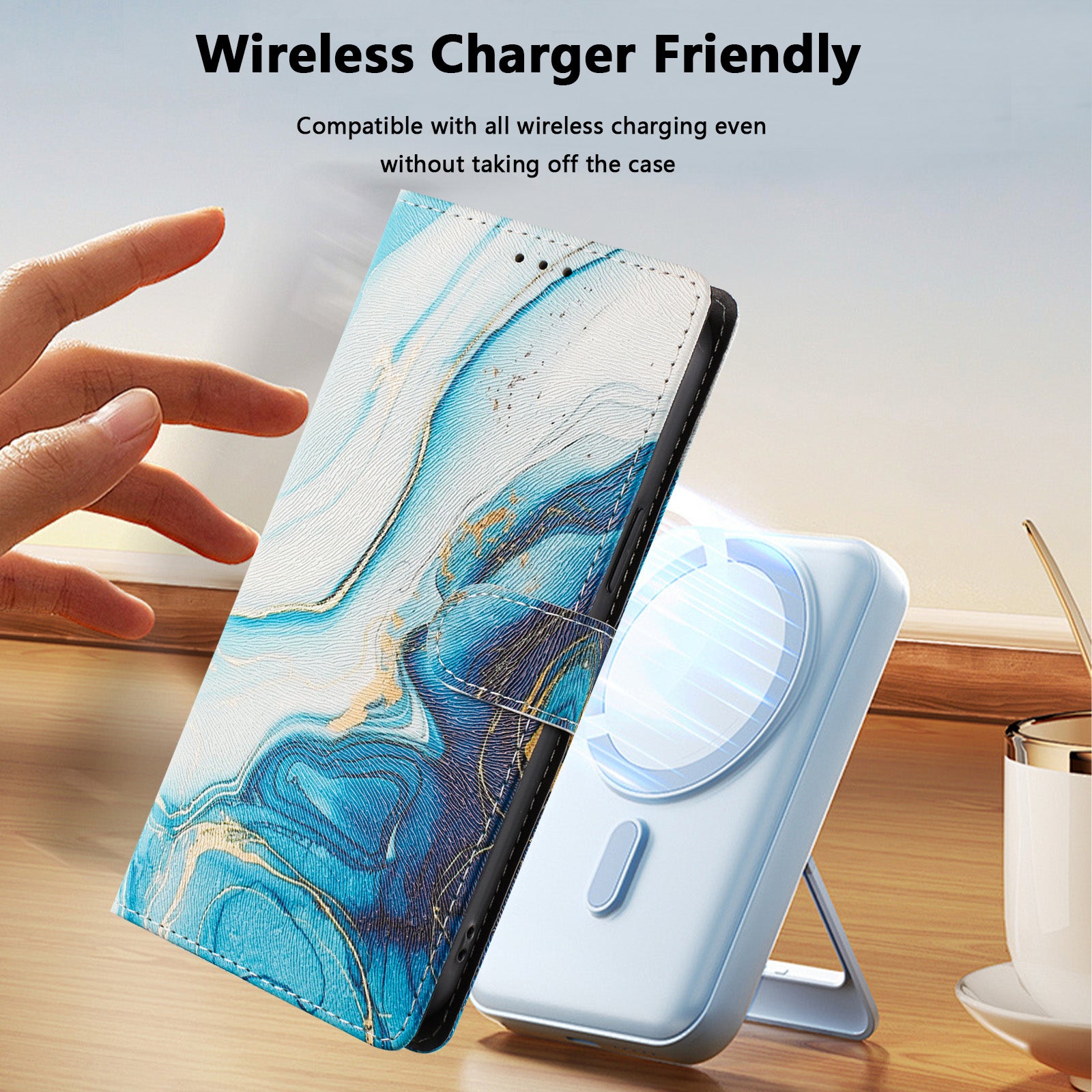 For Xiaomi Poco M8 Pro 5G / Redmi Note 15 Pro+ 5G (Global) Case Pattern Print PU Leather Wallet Phone Cover with Wrist Strap - Blue Marble