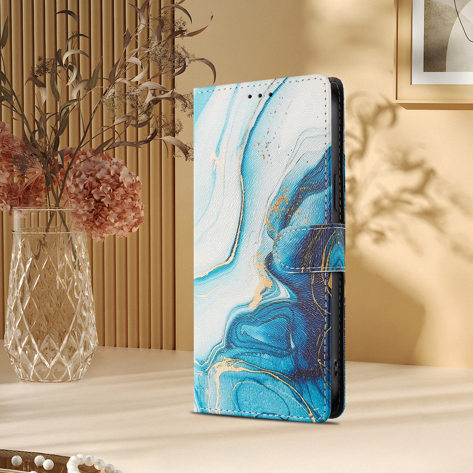 For Xiaomi Poco M8 Pro 5G / Redmi Note 15 Pro+ 5G (Global) Case Pattern Print PU Leather Wallet Phone Cover with Wrist Strap - Blue Marble