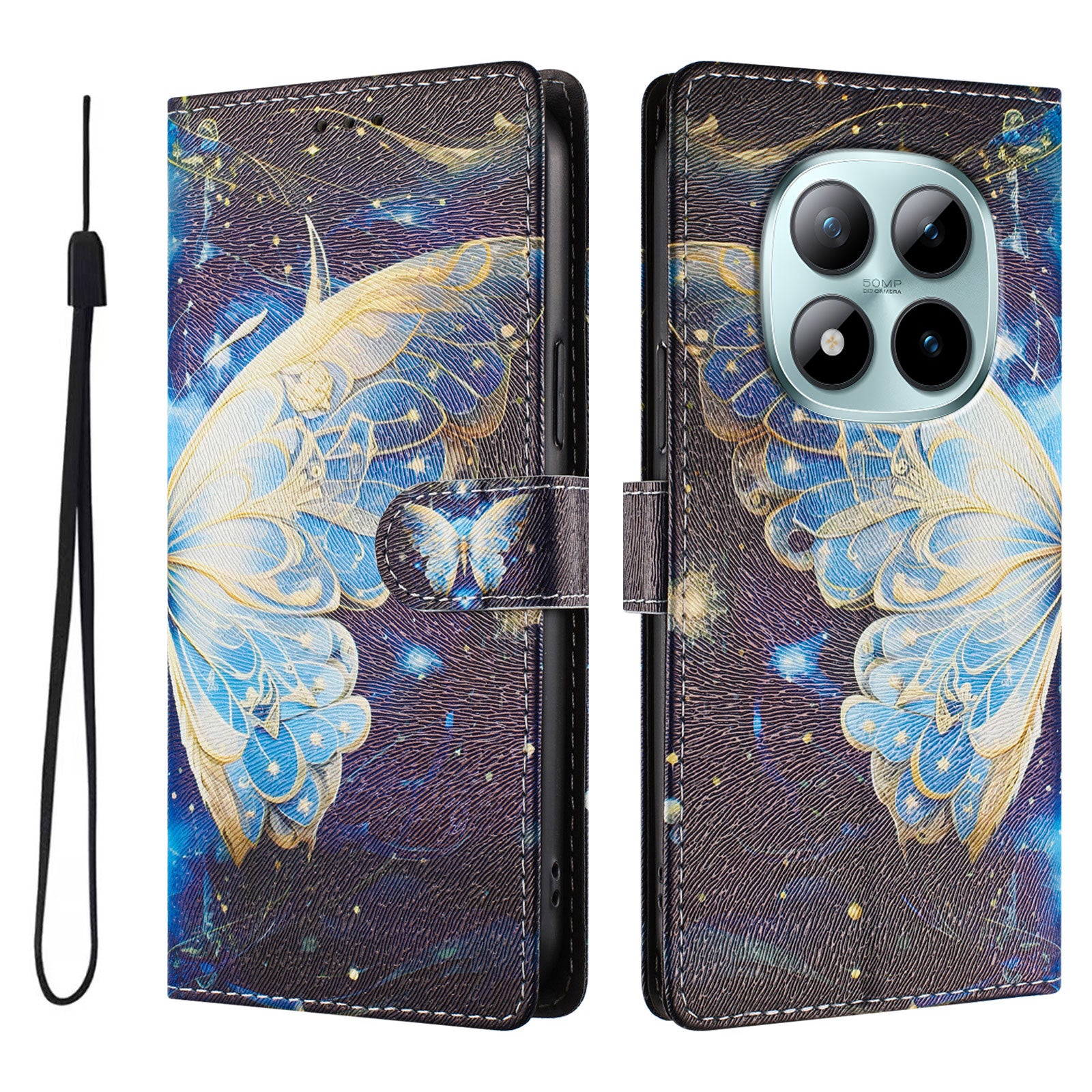 For Xiaomi Poco M8 Pro 5G / Redmi Note 15 Pro+ 5G (Global) Case Pattern Print PU Leather Wallet Phone Cover with Wrist Strap - Big Butterfly