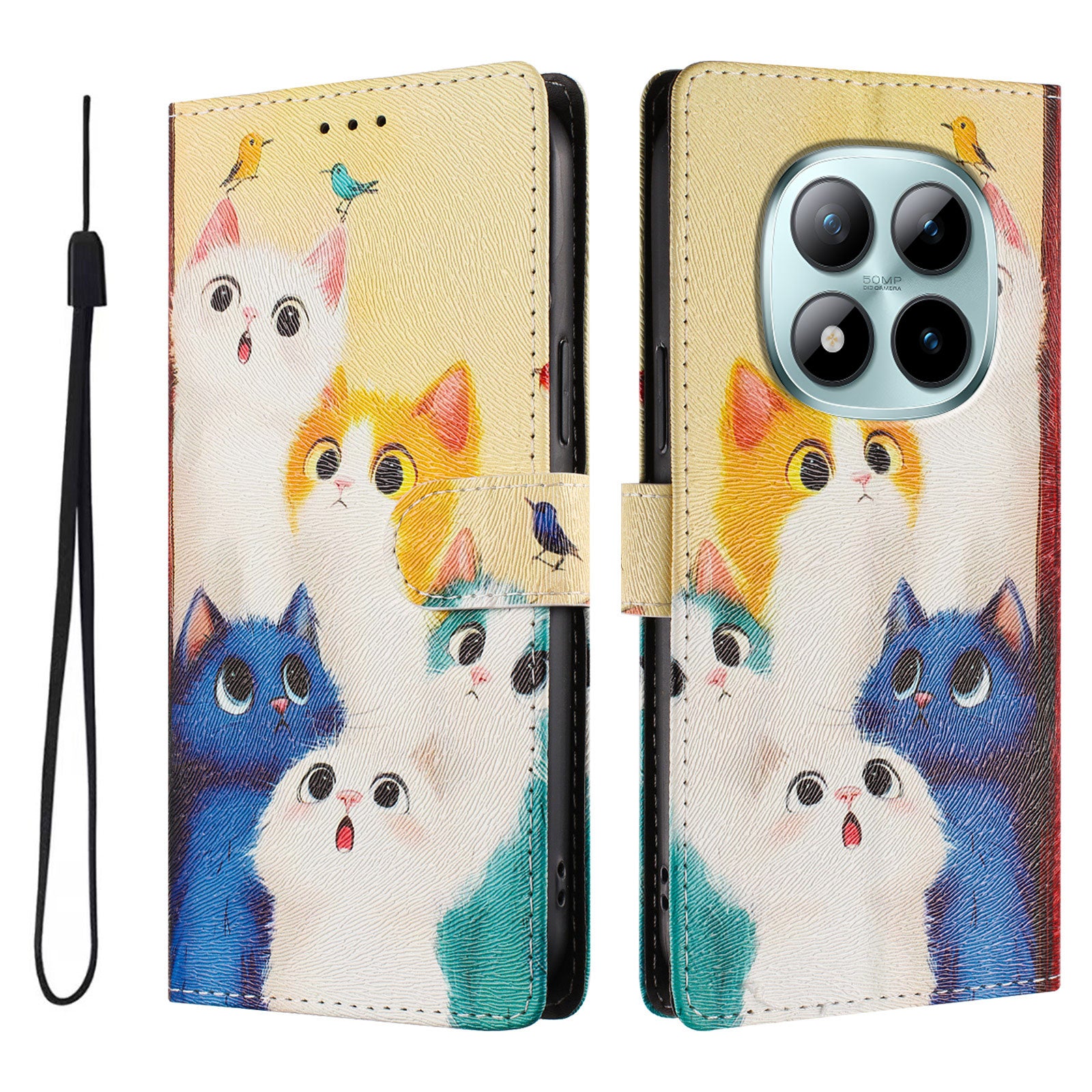 For Xiaomi Poco M8 Pro 5G / Redmi Note 15 Pro+ 5G (Global) Case Pattern Print PU Leather Wallet Phone Cover with Wrist Strap - Colorful Cats