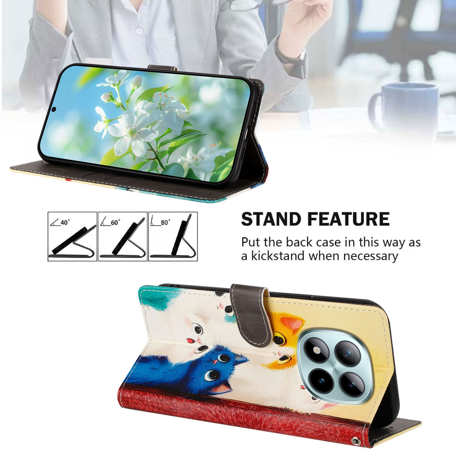 For Xiaomi Poco M8 Pro 5G / Redmi Note 15 Pro+ 5G (Global) Case Pattern Print PU Leather Wallet Phone Cover with Wrist Strap - Colorful Cats