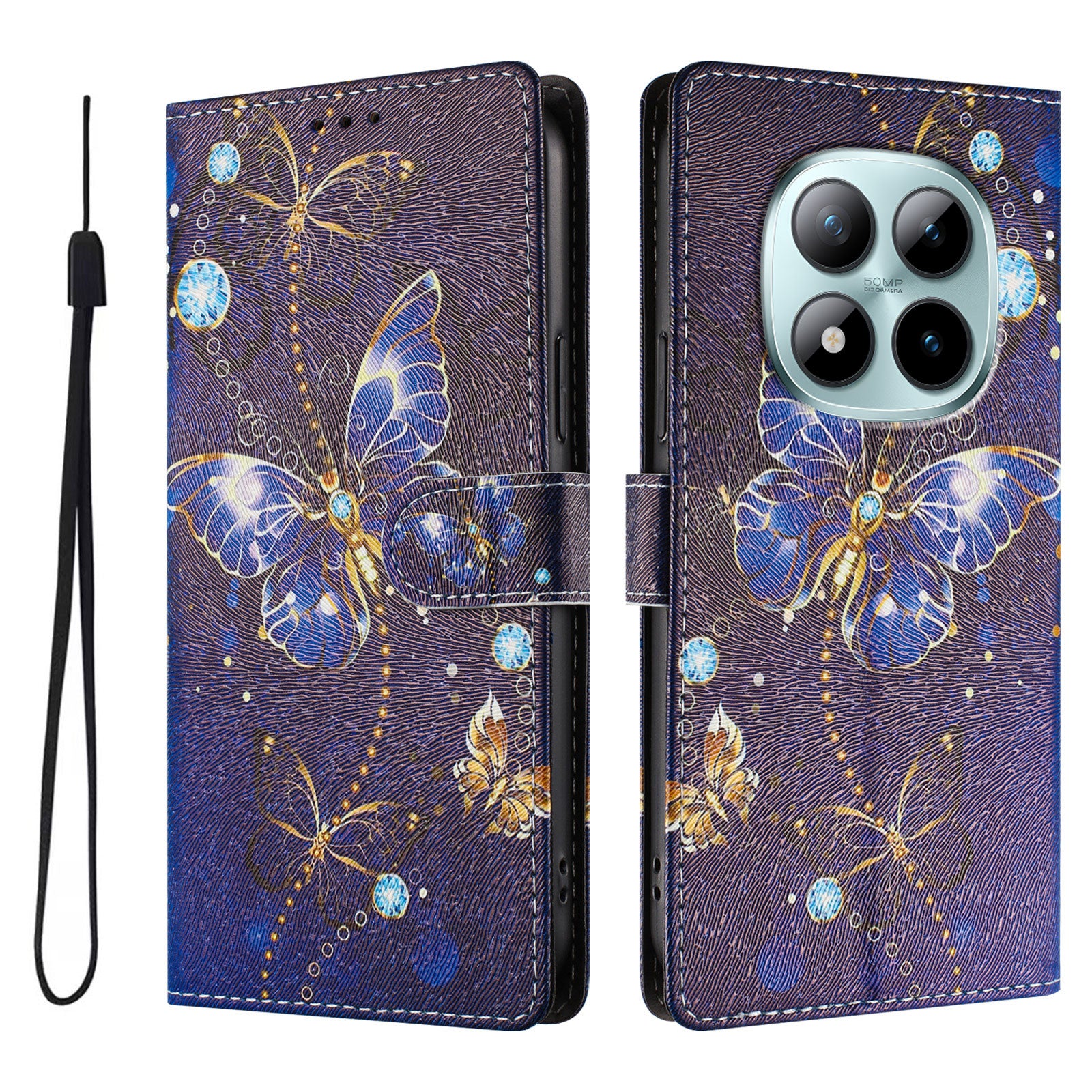 For Xiaomi Poco M8 Pro 5G / Redmi Note 15 Pro+ 5G (Global) Case Pattern Print PU Leather Wallet Phone Cover with Wrist Strap - Blue Butterfly