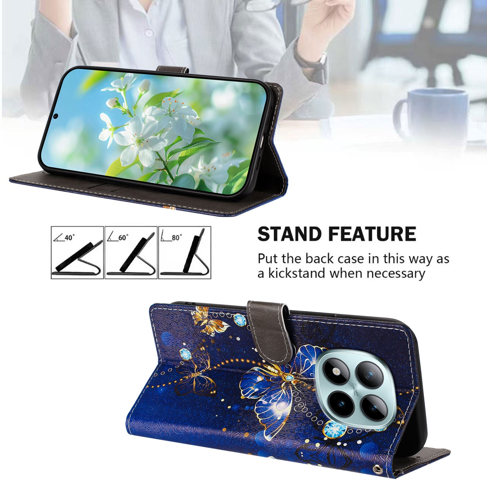 For Xiaomi Poco M8 Pro 5G / Redmi Note 15 Pro+ 5G (Global) Case Pattern Print PU Leather Wallet Phone Cover with Wrist Strap - Blue Butterfly