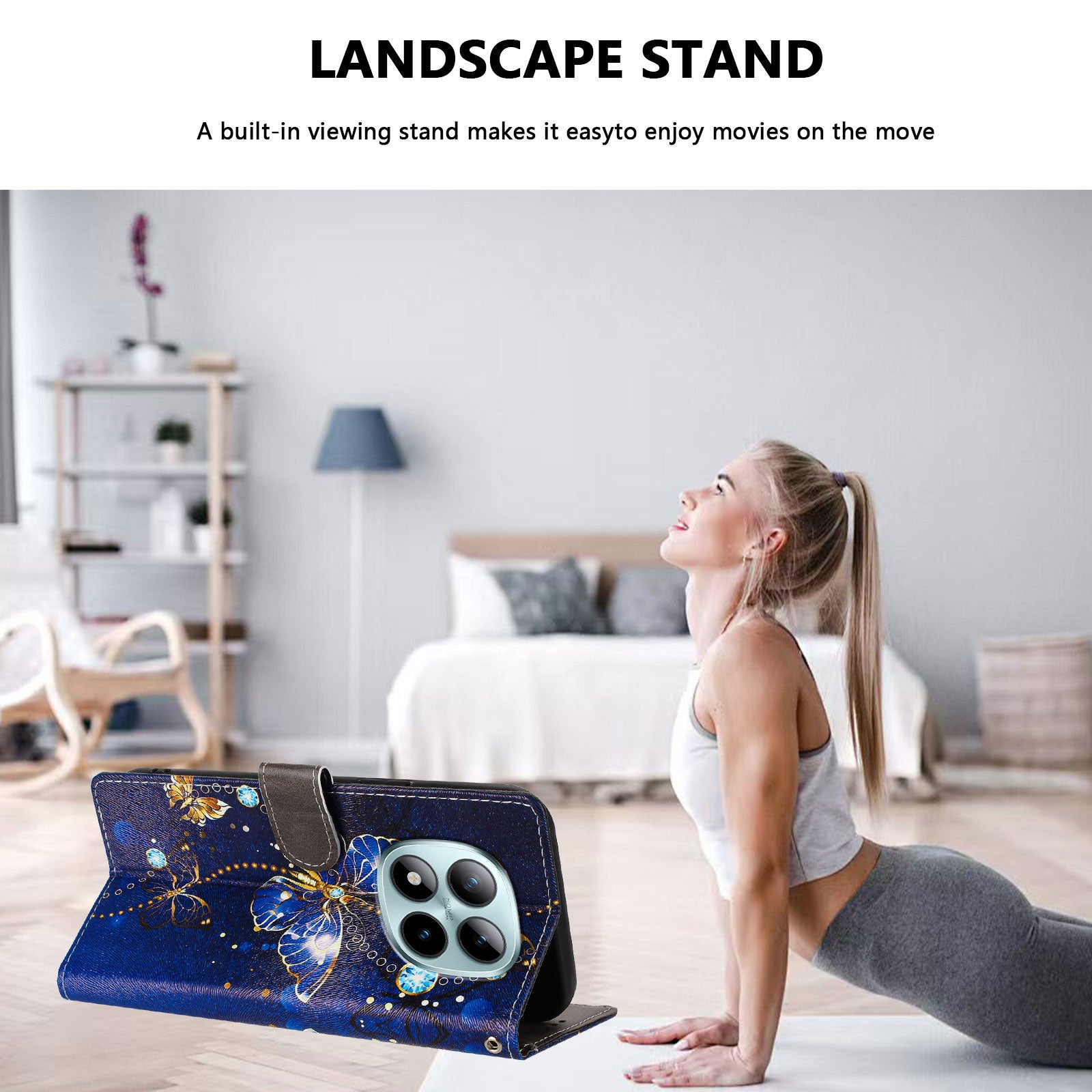 For Xiaomi Poco M8 Pro 5G / Redmi Note 15 Pro+ 5G (Global) Case Pattern Print PU Leather Wallet Phone Cover with Wrist Strap - Blue Butterfly