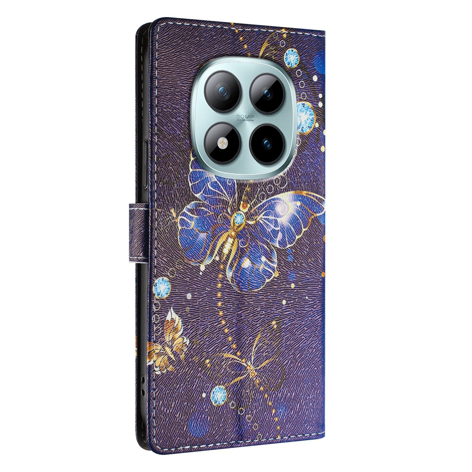 For Xiaomi Poco M8 Pro 5G / Redmi Note 15 Pro+ 5G (Global) Case Pattern Print PU Leather Wallet Phone Cover with Wrist Strap - Blue Butterfly