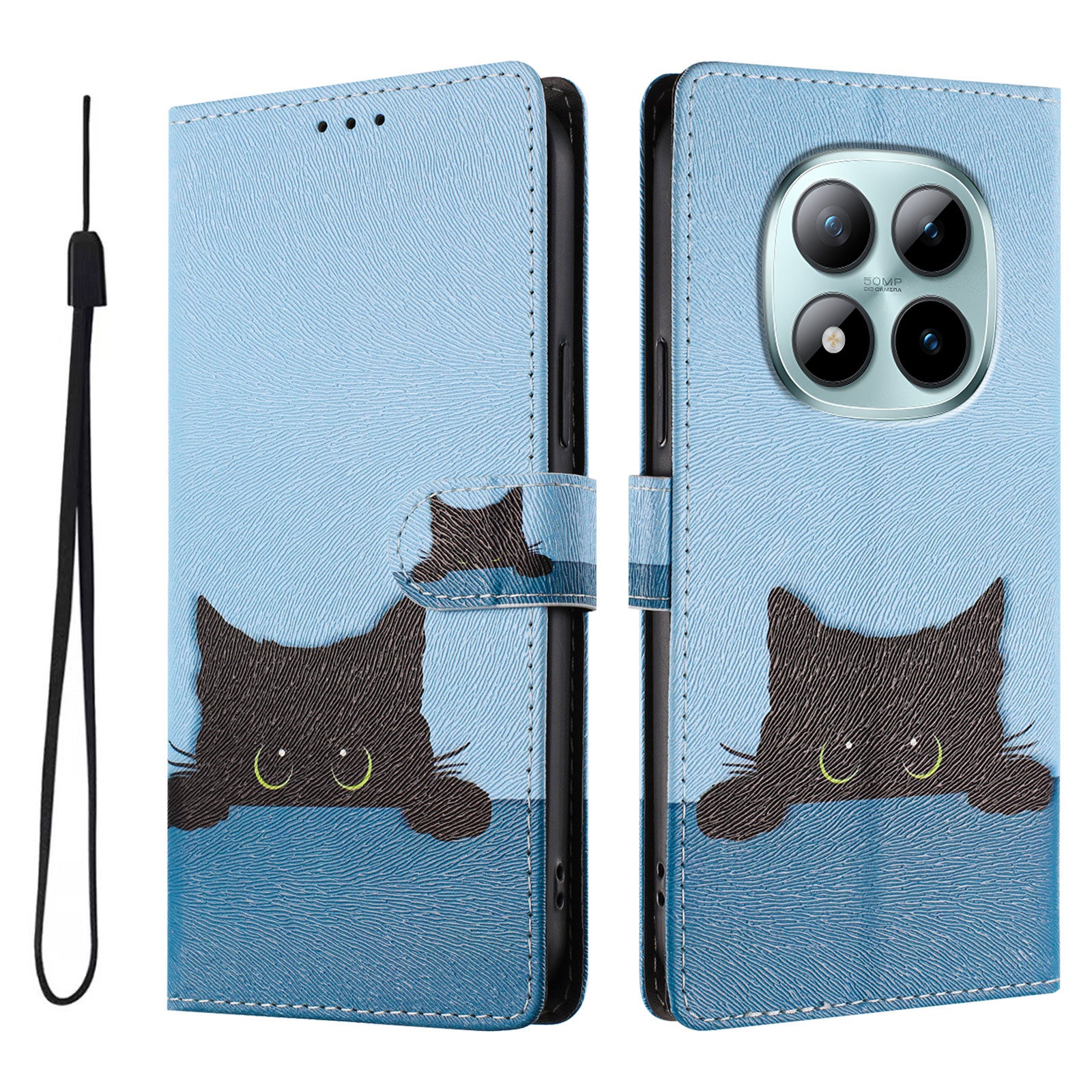 For Xiaomi Poco M8 Pro 5G / Redmi Note 15 Pro+ 5G (Global) Case Pattern Print PU Leather Wallet Phone Cover with Wrist Strap - Black Cat