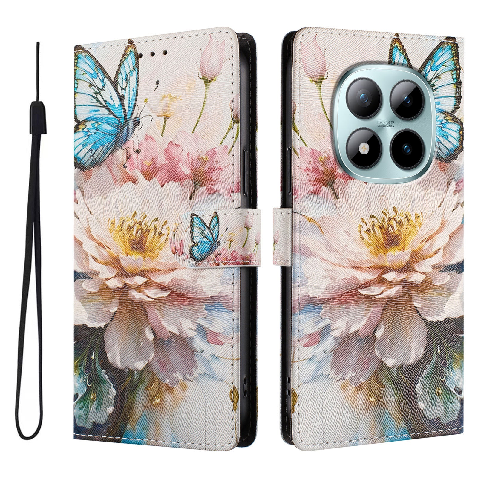 For Xiaomi Poco M8 Pro 5G / Redmi Note 15 Pro+ 5G (Global) Case Pattern Print PU Leather Wallet Phone Cover with Wrist Strap - Butterfly / Flower