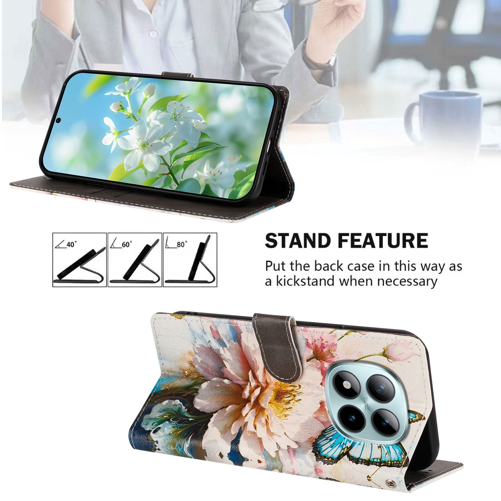 For Xiaomi Poco M8 Pro 5G / Redmi Note 15 Pro+ 5G (Global) Case Pattern Print PU Leather Wallet Phone Cover with Wrist Strap - Butterfly / Flower