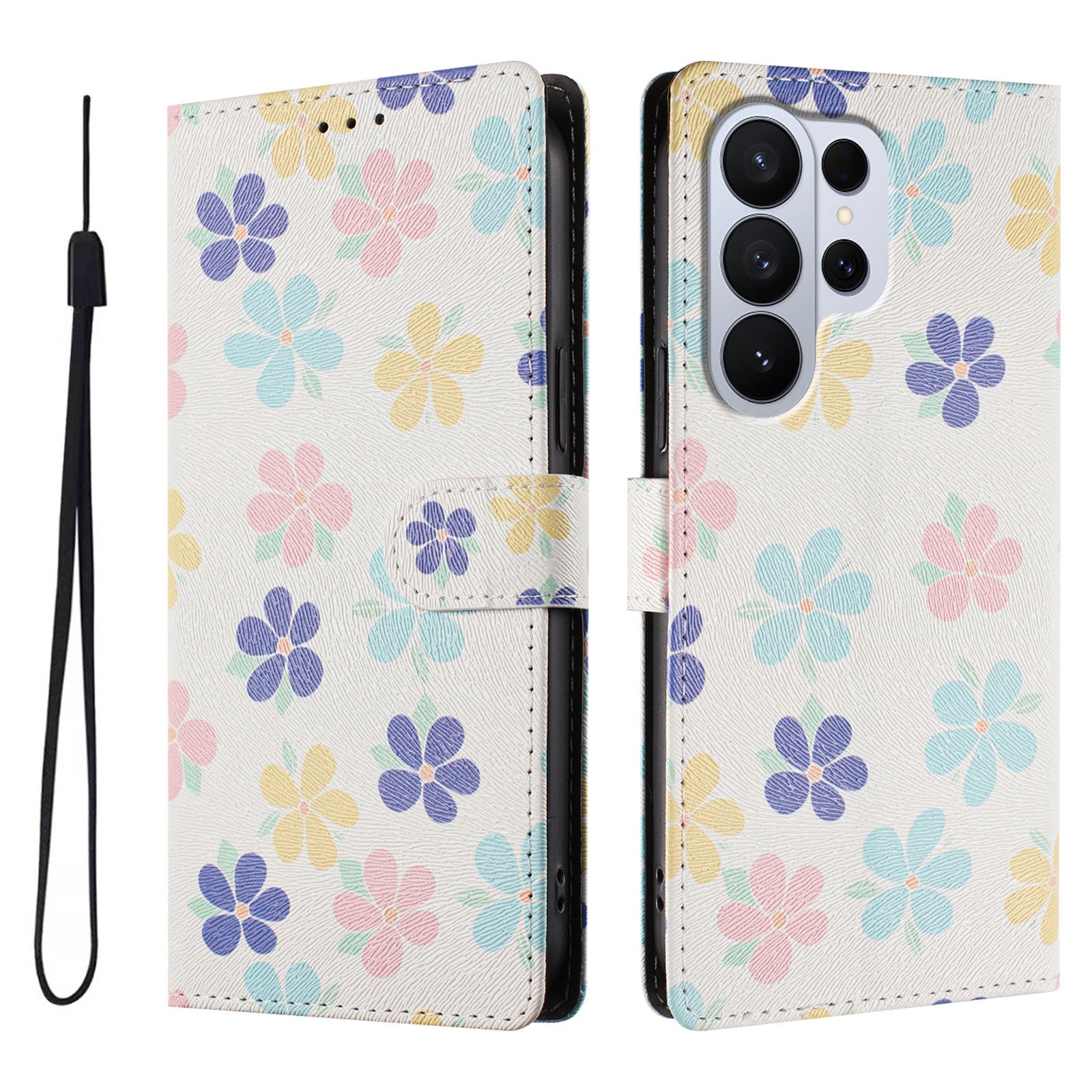 For-Samsung-Galaxy-S26-Ultra-Case-Pattern-Print-PU-Leather-Wallet-Phone-Cover-with-Wrist-Strap-Colored-Flowers