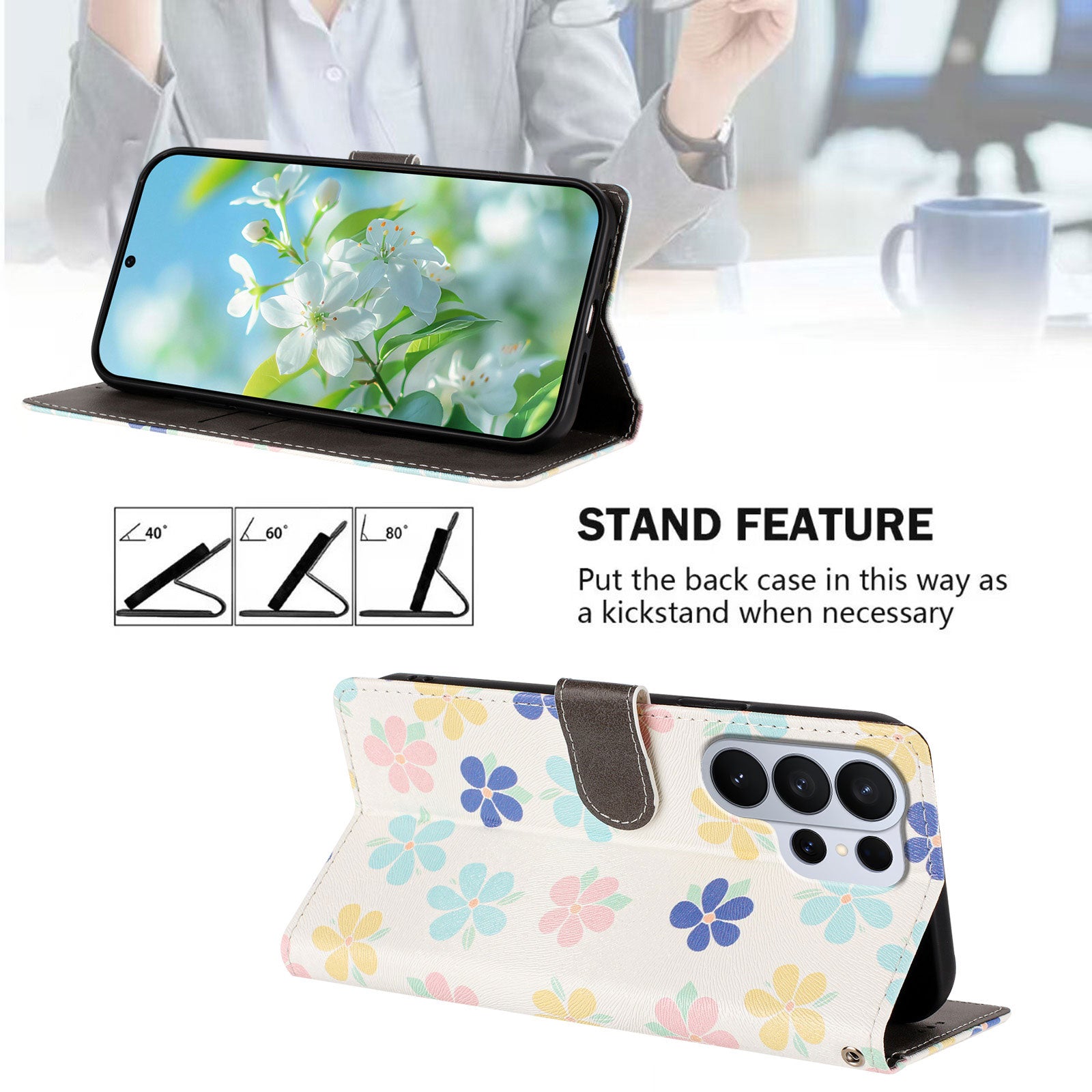 For-Samsung-Galaxy-S26-Ultra-Case-Pattern-Print-PU-Leather-Wallet-Phone-Cover-with-Wrist-Strap-Colored-Flowers