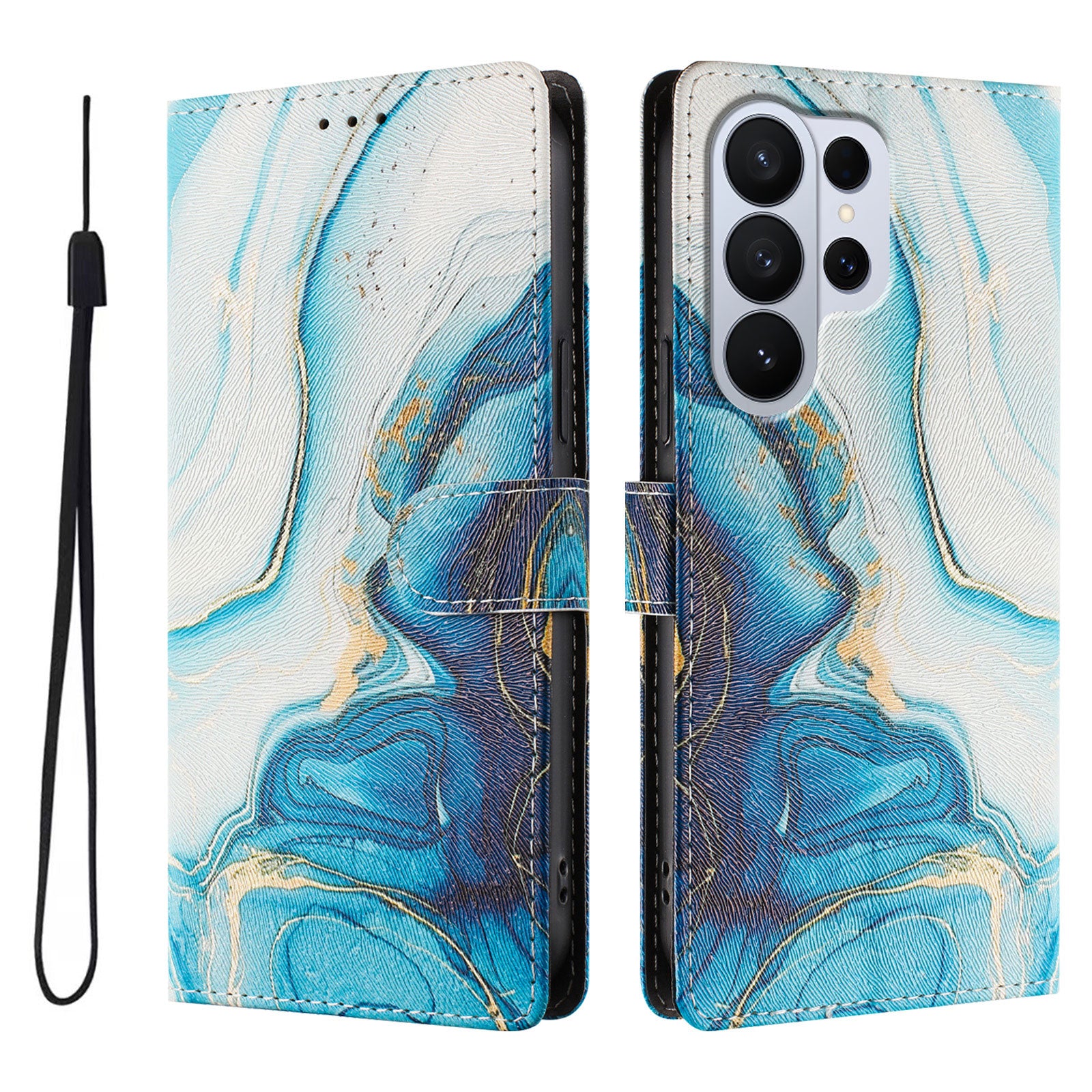 For-Samsung-Galaxy-S26-Ultra-Case-Pattern-Print-PU-Leather-Wallet-Phone-Cover-with-Wrist-Strap-Blue-Marble