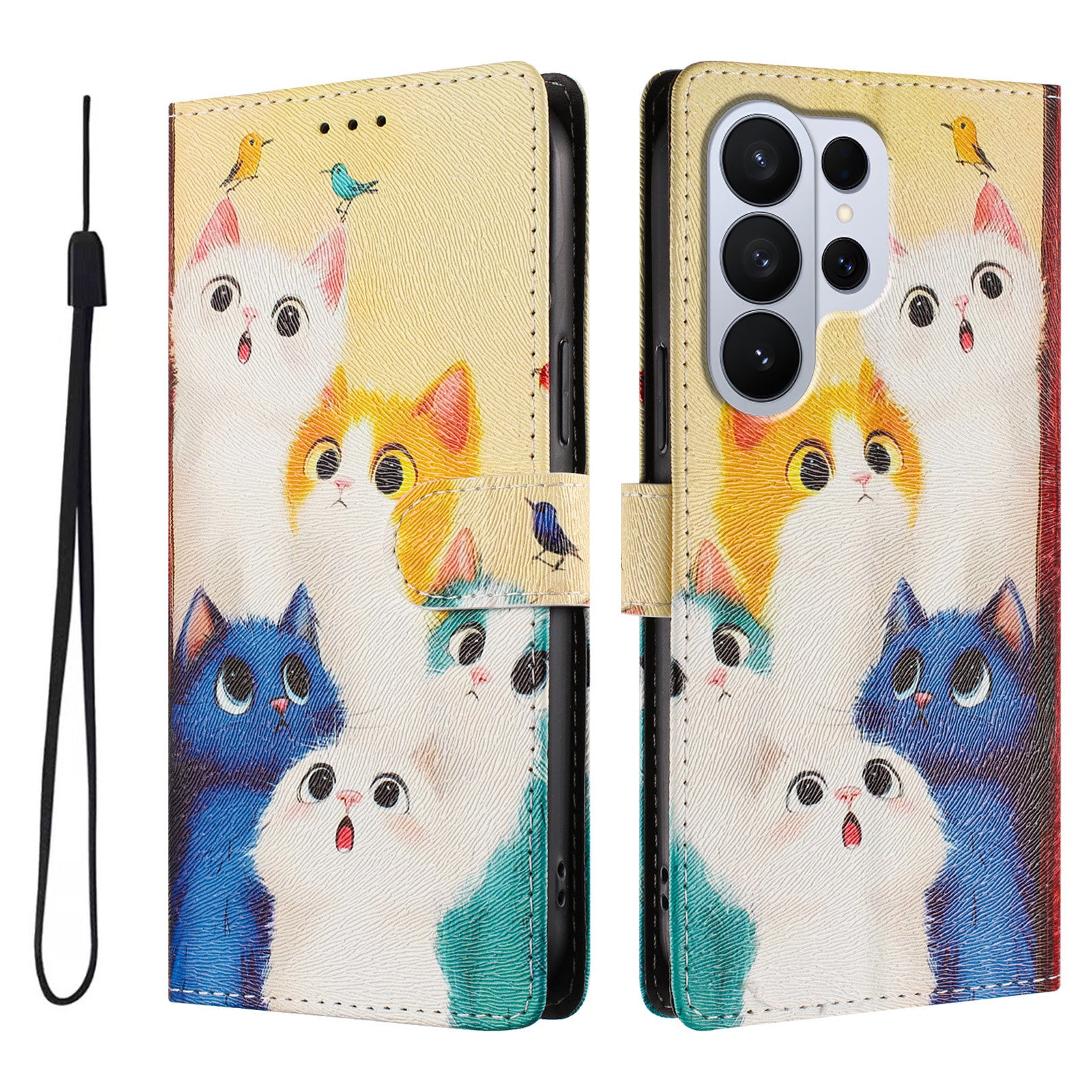 For-Samsung-Galaxy-S26-Ultra-Case-Pattern-Print-PU-Leather-Wallet-Phone-Cover-with-Wrist-Strap-Colorful-Cats