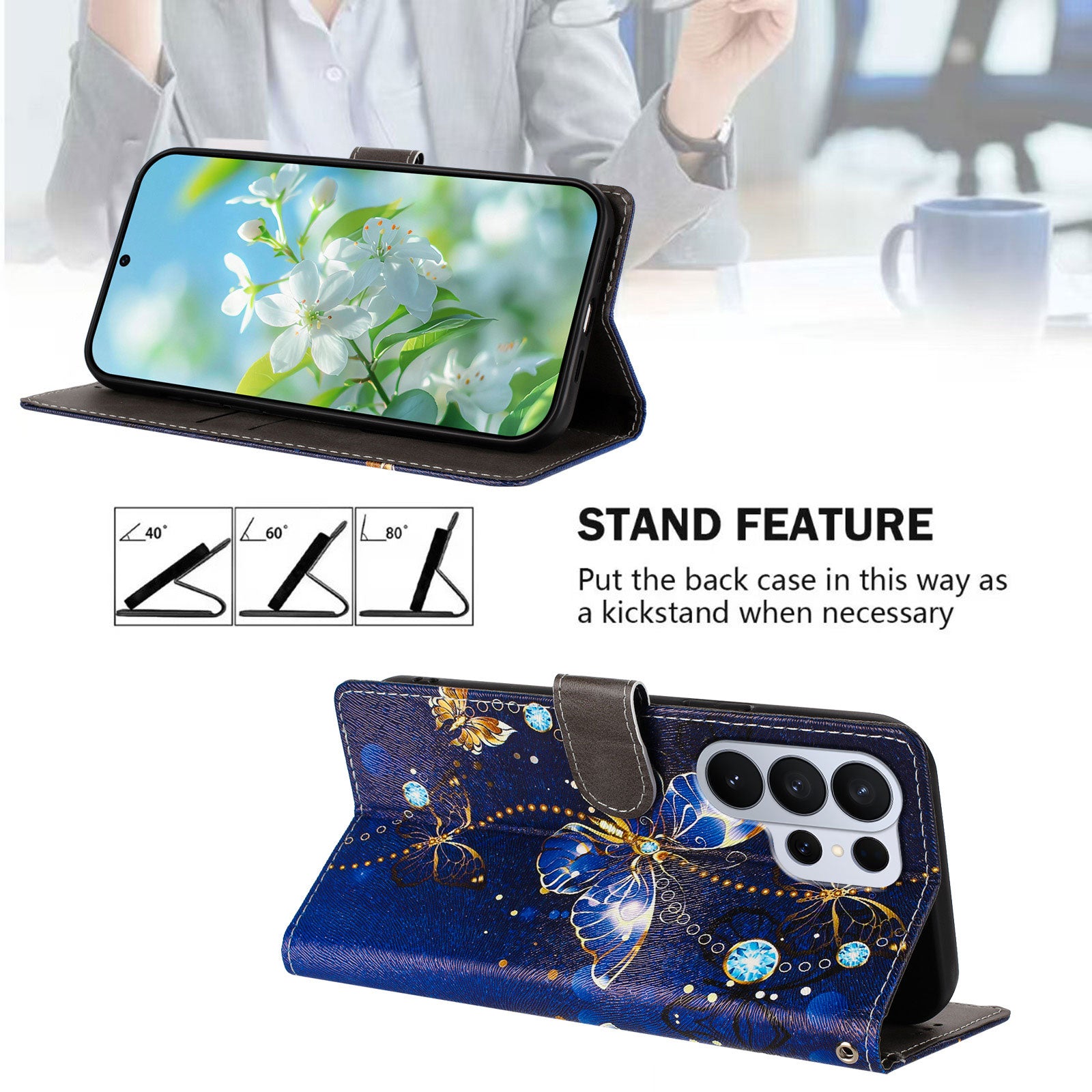 For-Samsung-Galaxy-S26-Ultra-Case-Pattern-Print-PU-Leather-Wallet-Phone-Cover-with-Wrist-Strap-Blue-Butterfly