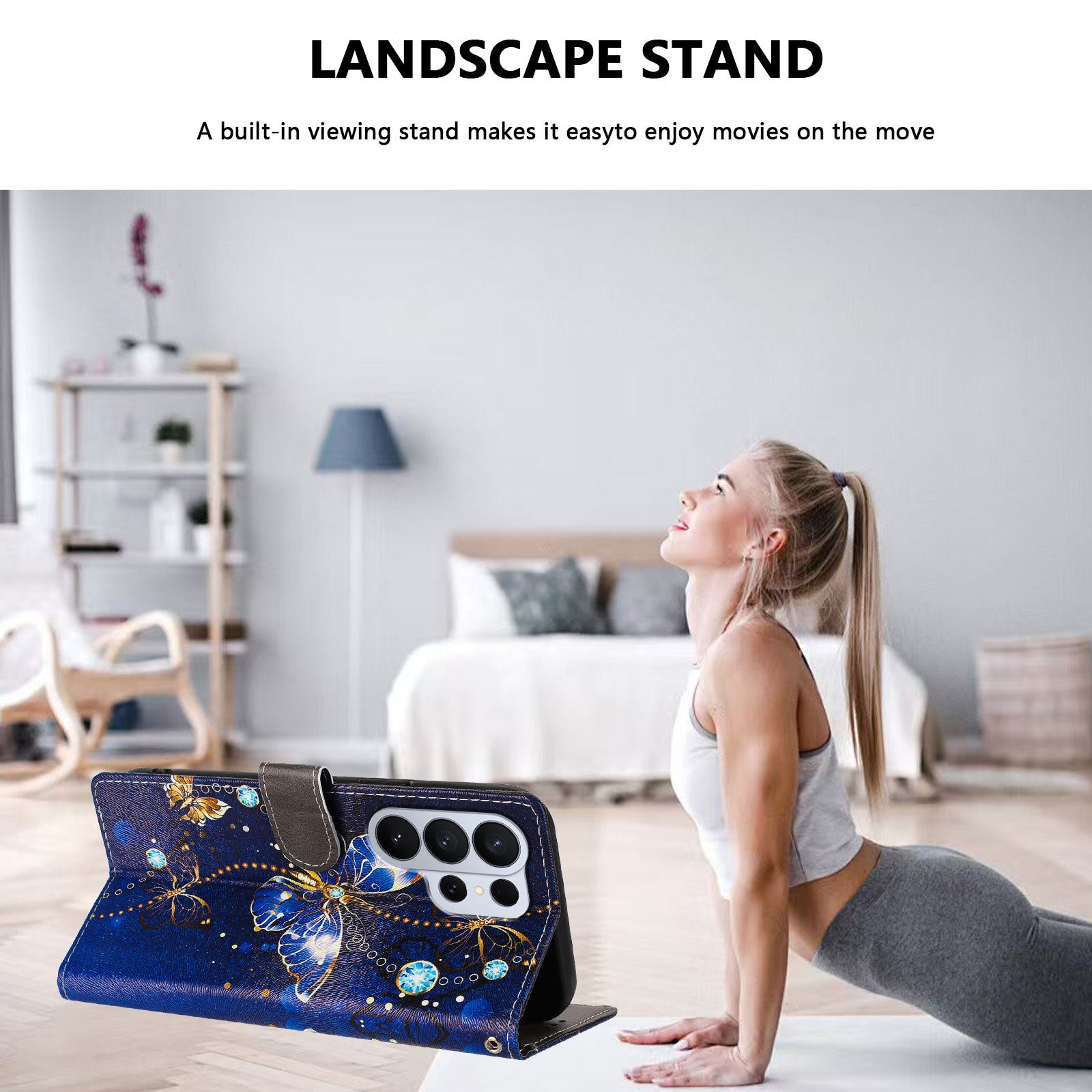 For-Samsung-Galaxy-S26-Ultra-Case-Pattern-Print-PU-Leather-Wallet-Phone-Cover-with-Wrist-Strap-Blue-Butterfly