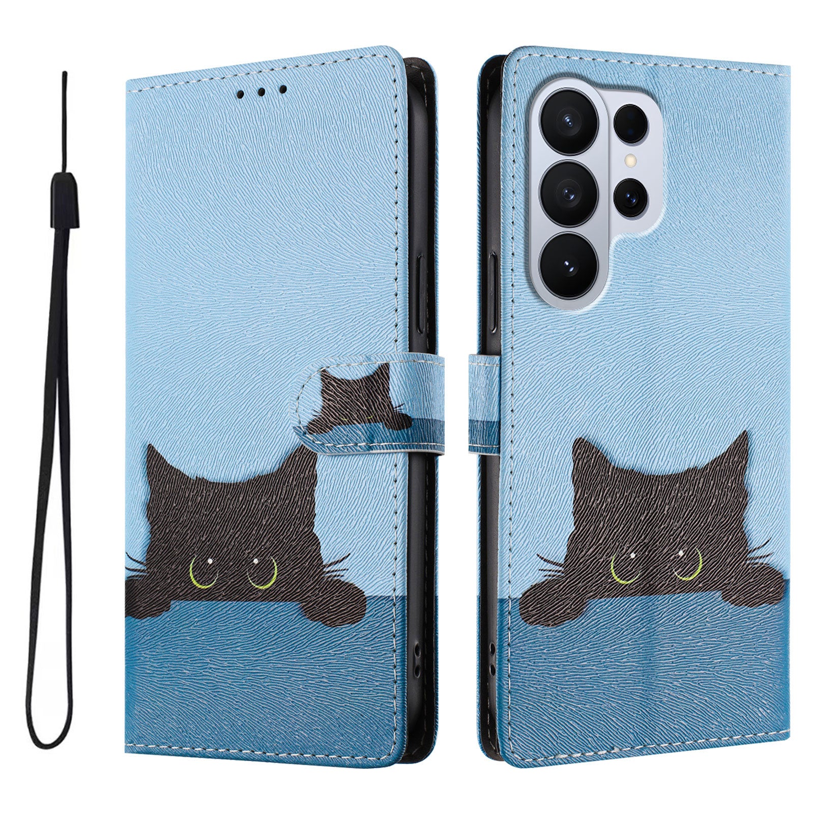 For-Samsung-Galaxy-S26-Ultra-Case-Pattern-Print-PU-Leather-Wallet-Phone-Cover-with-Wrist-Strap-Black-Cat