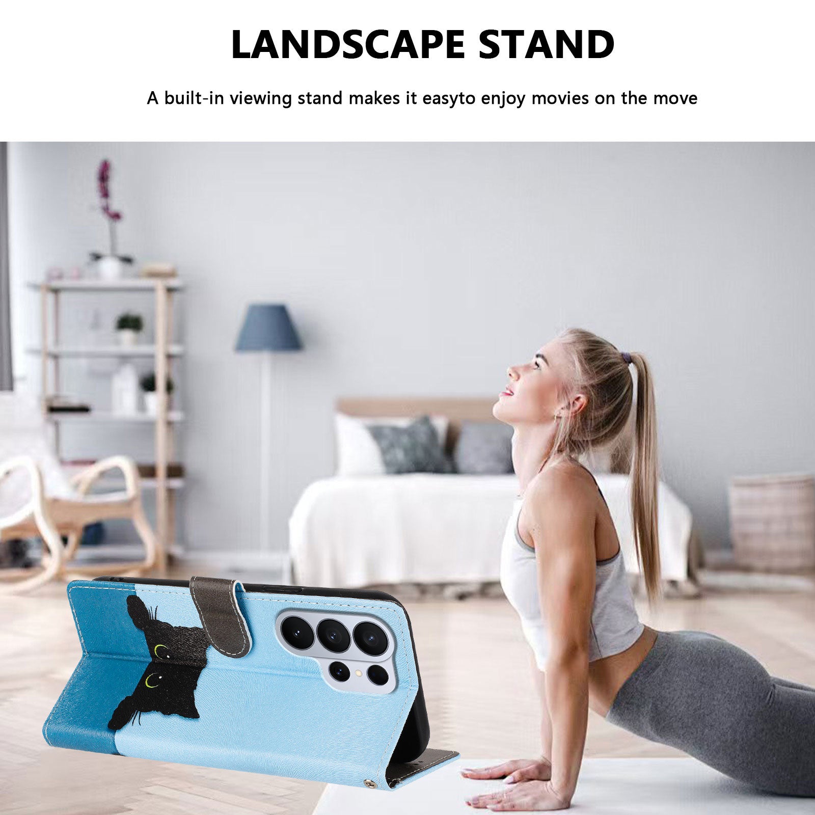 For-Samsung-Galaxy-S26-Ultra-Case-Pattern-Print-PU-Leather-Wallet-Phone-Cover-with-Wrist-Strap-Black-Cat