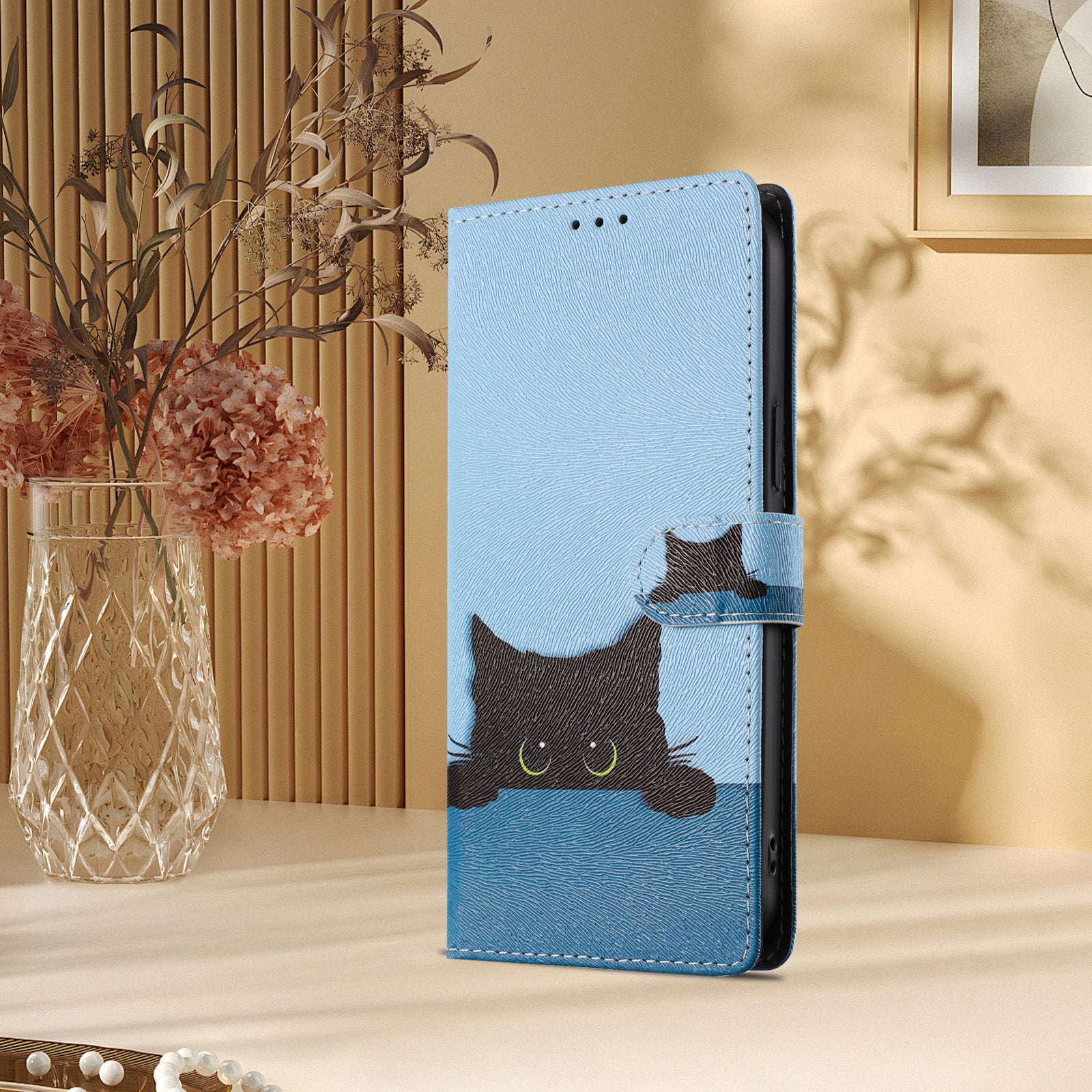 For-Samsung-Galaxy-S26-Ultra-Case-Pattern-Print-PU-Leather-Wallet-Phone-Cover-with-Wrist-Strap-Black-Cat