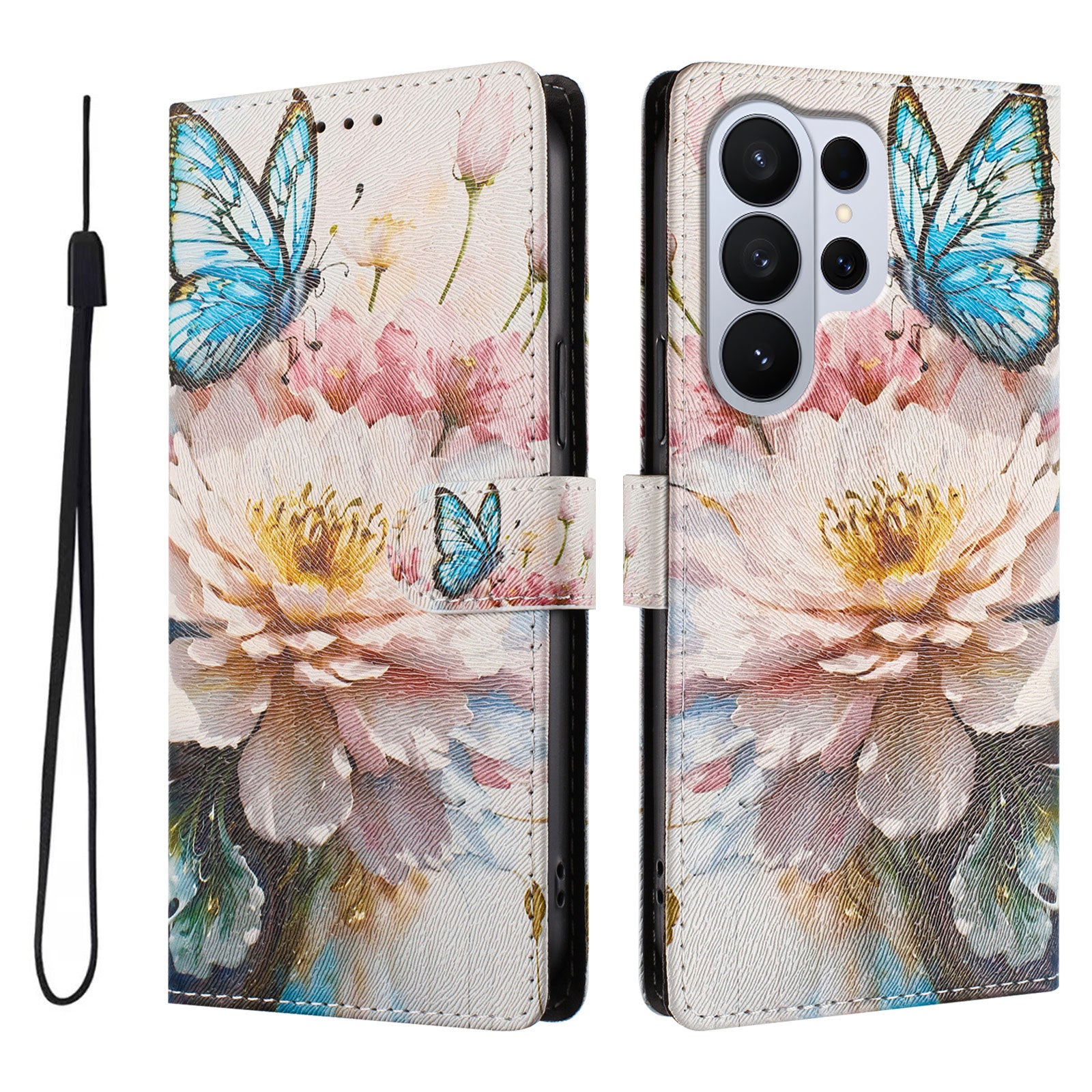 For-Samsung-Galaxy-S26-Ultra-Case-Pattern-Print-PU-Leather-Wallet-Phone-Cover-with-Wrist-Strap-Butterfly-/-Flower