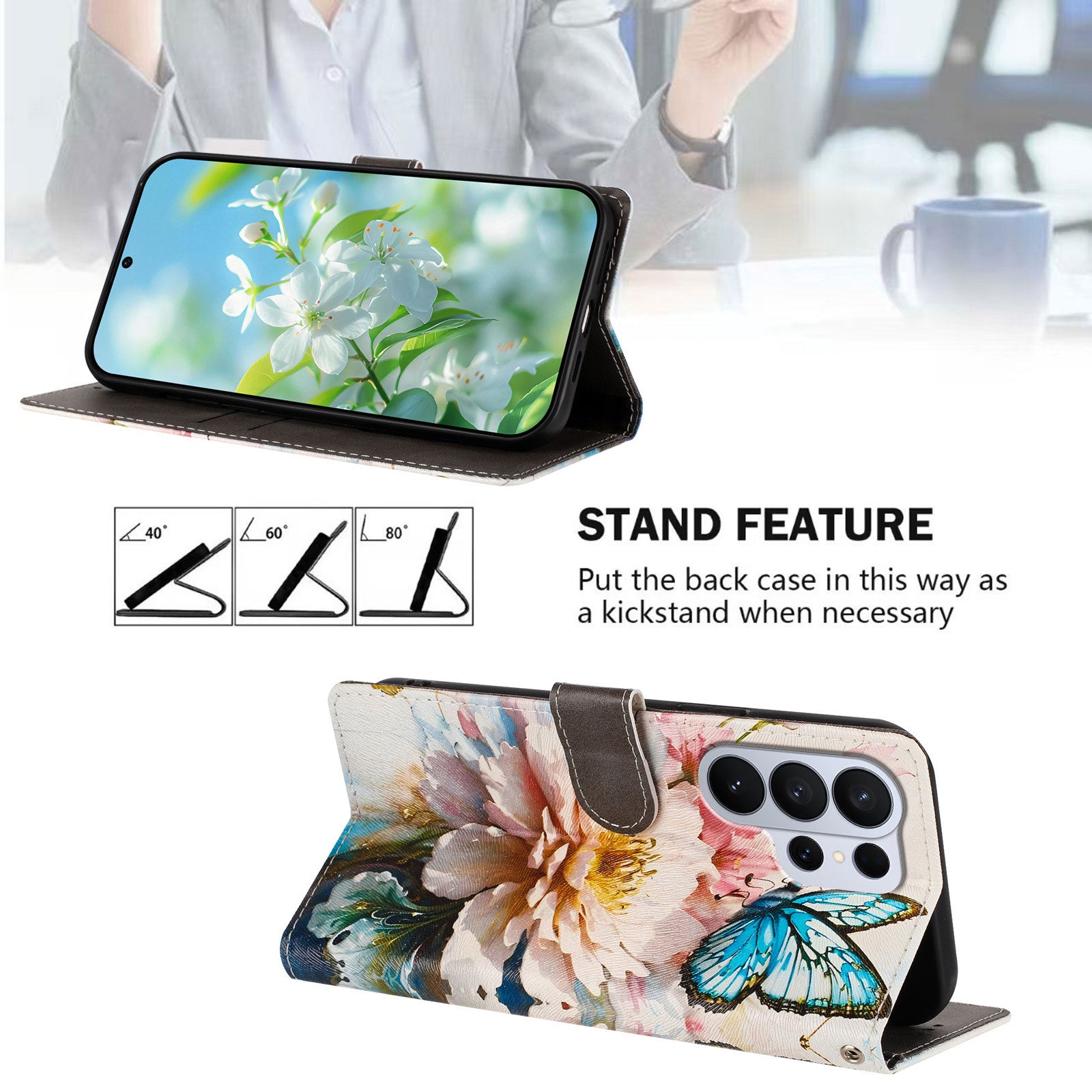 For-Samsung-Galaxy-S26-Ultra-Case-Pattern-Print-PU-Leather-Wallet-Phone-Cover-with-Wrist-Strap-Butterfly-/-Flower