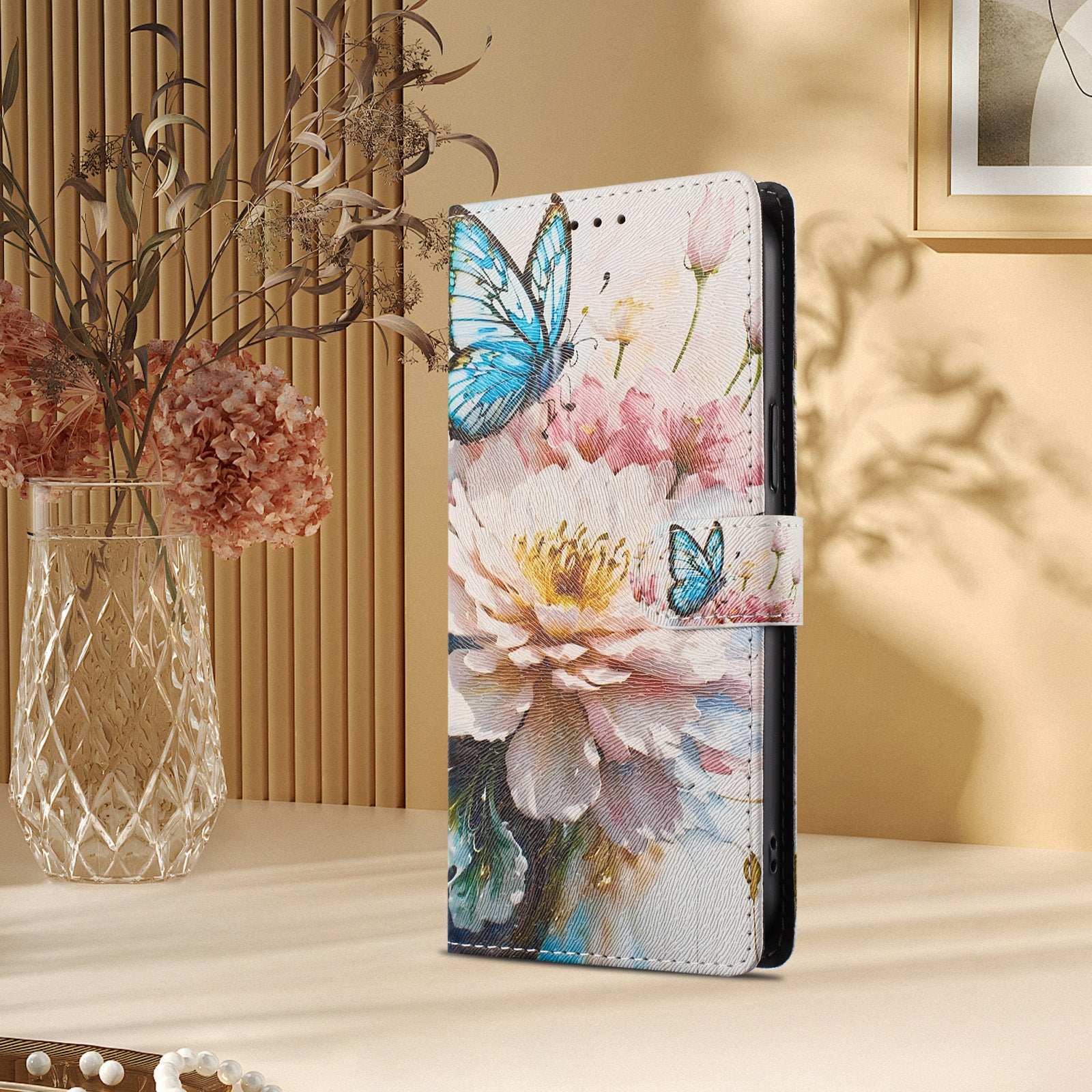 For-Samsung-Galaxy-S26-Ultra-Case-Pattern-Print-PU-Leather-Wallet-Phone-Cover-with-Wrist-Strap-Butterfly-/-Flower