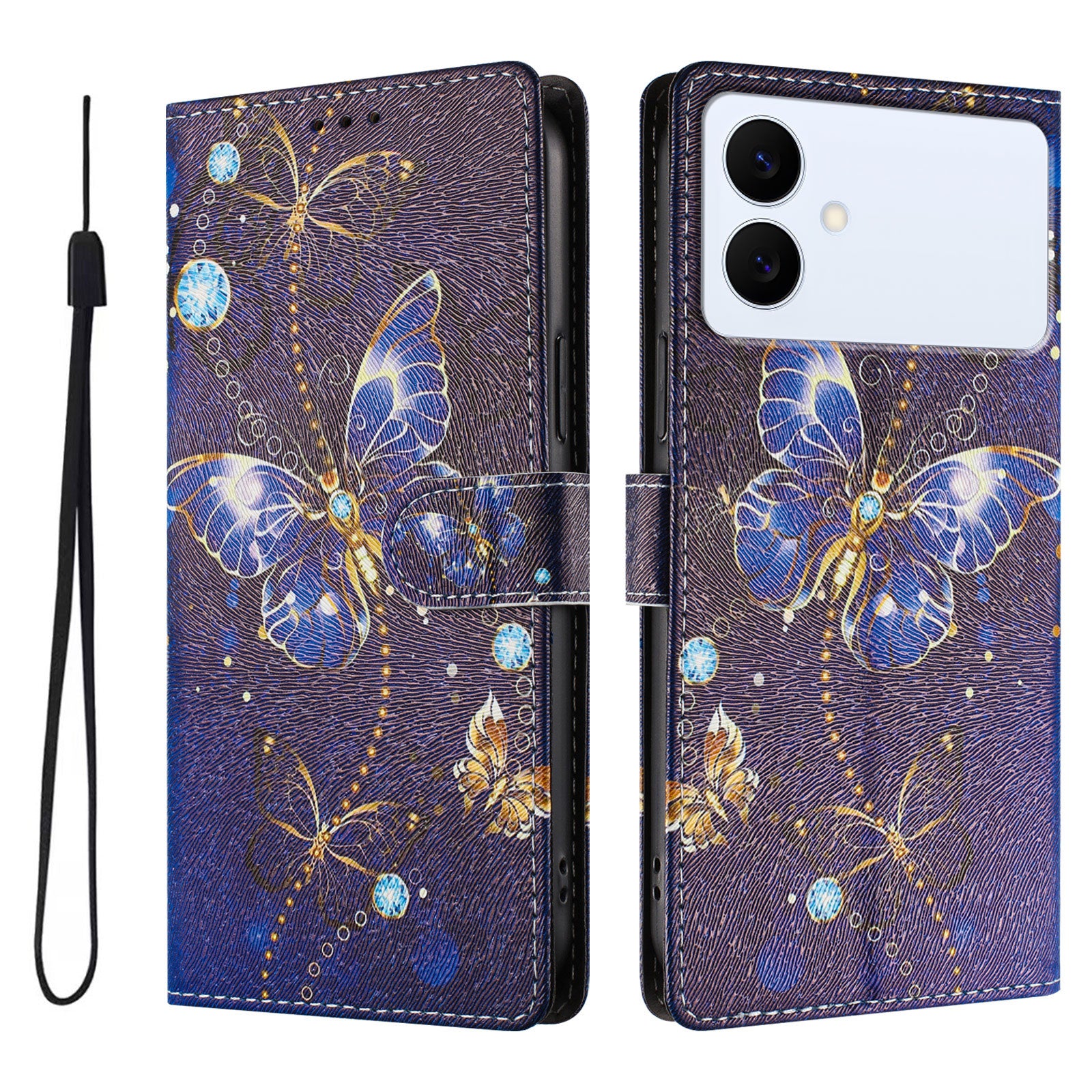 For-Samsung-Galaxy-S26-Edge-Case-Pattern-Print-PU-Leather-Wallet-Phone-Cover-with-Wrist-Strap-Blue-Butterfly