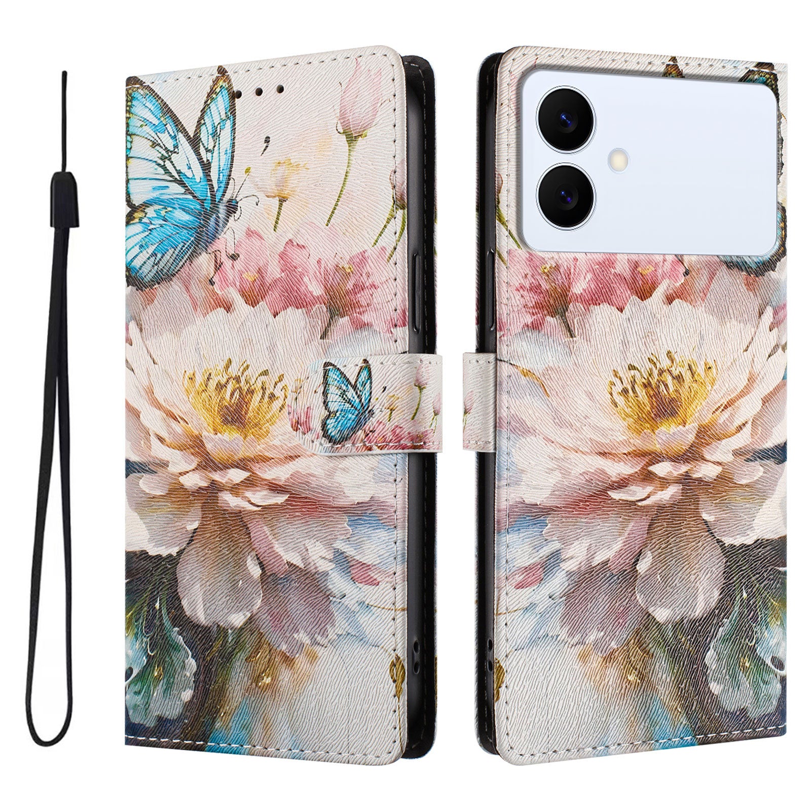 For-Samsung-Galaxy-S26-Edge-Case-Pattern-Print-PU-Leather-Wallet-Phone-Cover-with-Wrist-Strap-Butterfly-/-Flower