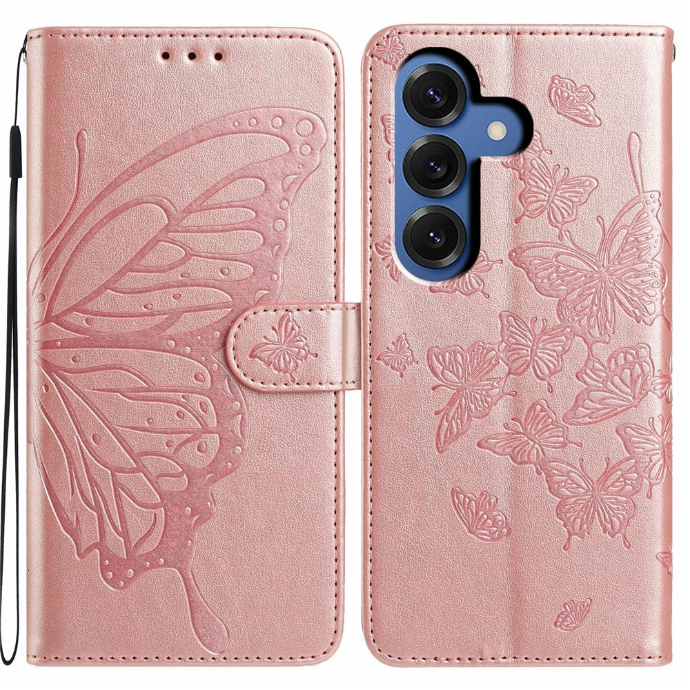 For-Samsung-Galaxy-S26-/-S26-Pro-Case-Butterfly-Imprinted-Wallet-Stand-PU-Leather-Flip-Phone-Cover-with-Strap-Rose-Gold
