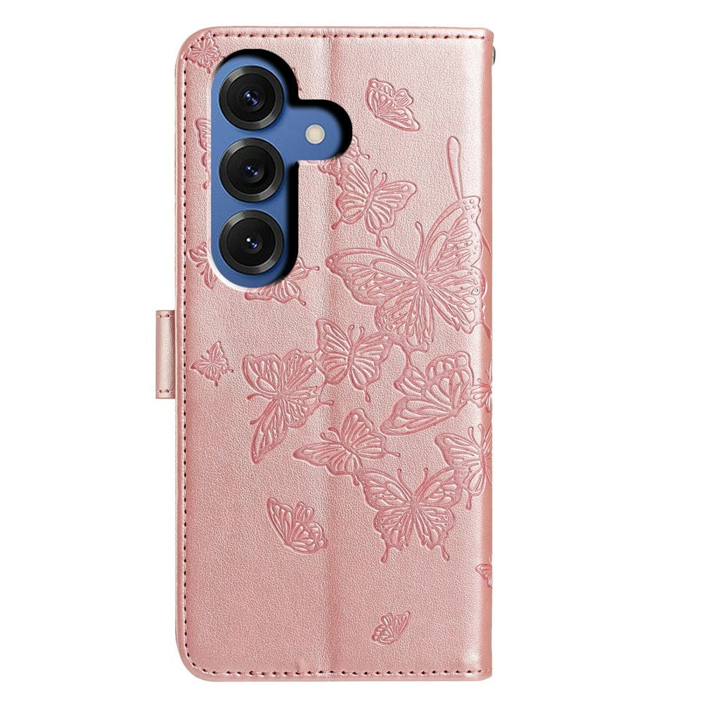 For-Samsung-Galaxy-S26-/-S26-Pro-Case-Butterfly-Imprinted-Wallet-Stand-PU-Leather-Flip-Phone-Cover-with-Strap-Rose-Gold