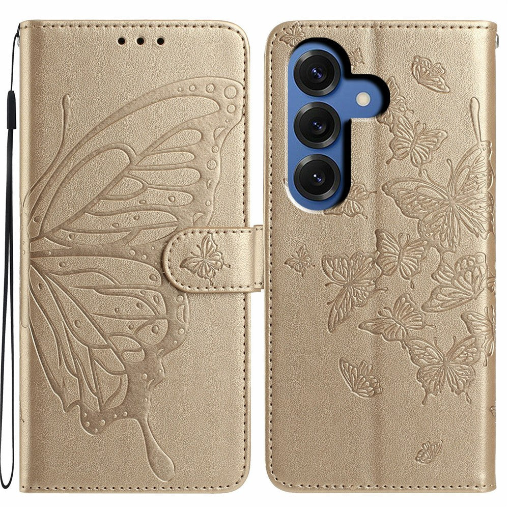 For-Samsung-Galaxy-S26-/-S26-Pro-Case-Butterfly-Imprinted-Wallet-Stand-PU-Leather-Flip-Phone-Cover-with-Strap-Gold