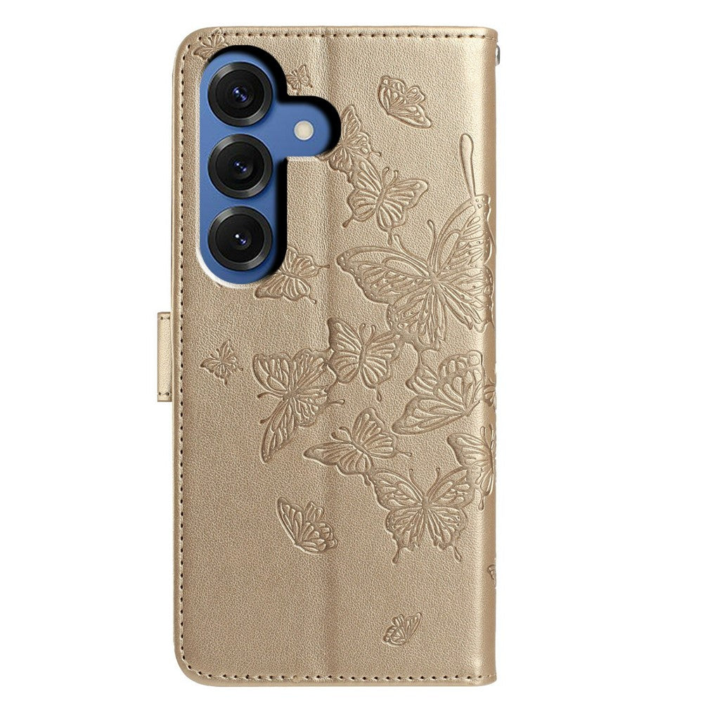 For-Samsung-Galaxy-S26-/-S26-Pro-Case-Butterfly-Imprinted-Wallet-Stand-PU-Leather-Flip-Phone-Cover-with-Strap-Gold