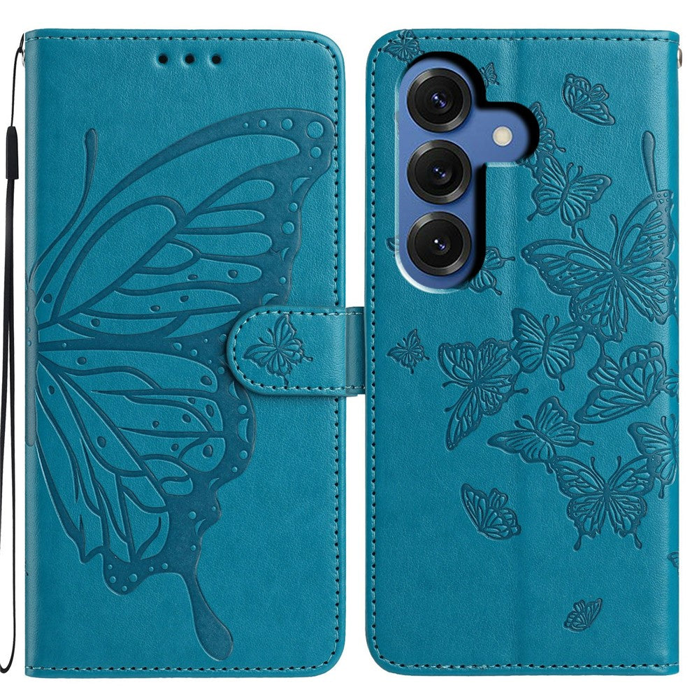 For-Samsung-Galaxy-S26-/-S26-Pro-Case-Butterfly-Imprinted-Wallet-Stand-PU-Leather-Flip-Phone-Cover-with-Strap-Blue