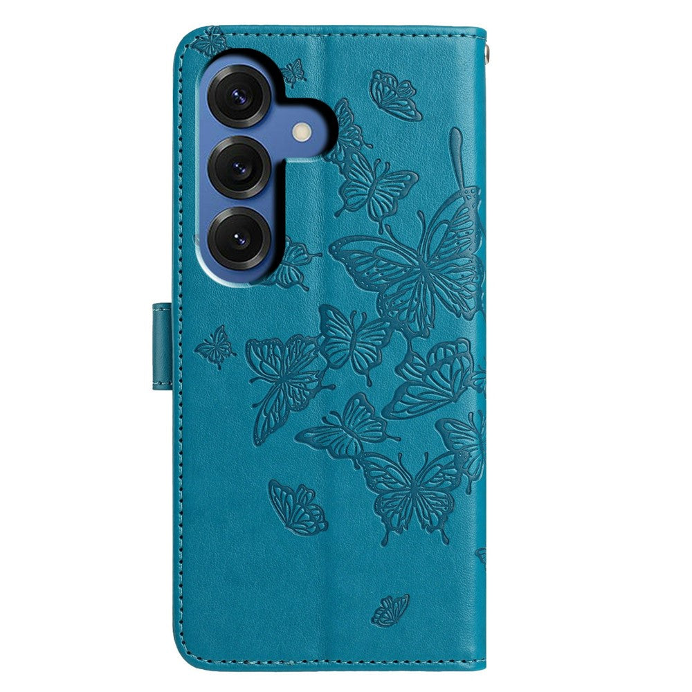 For-Samsung-Galaxy-S26-/-S26-Pro-Case-Butterfly-Imprinted-Wallet-Stand-PU-Leather-Flip-Phone-Cover-with-Strap-Blue