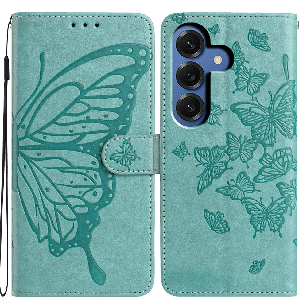 For-Samsung-Galaxy-S26-/-S26-Pro-Case-Butterfly-Imprinted-Wallet-Stand-PU-Leather-Flip-Phone-Cover-with-Strap-Green