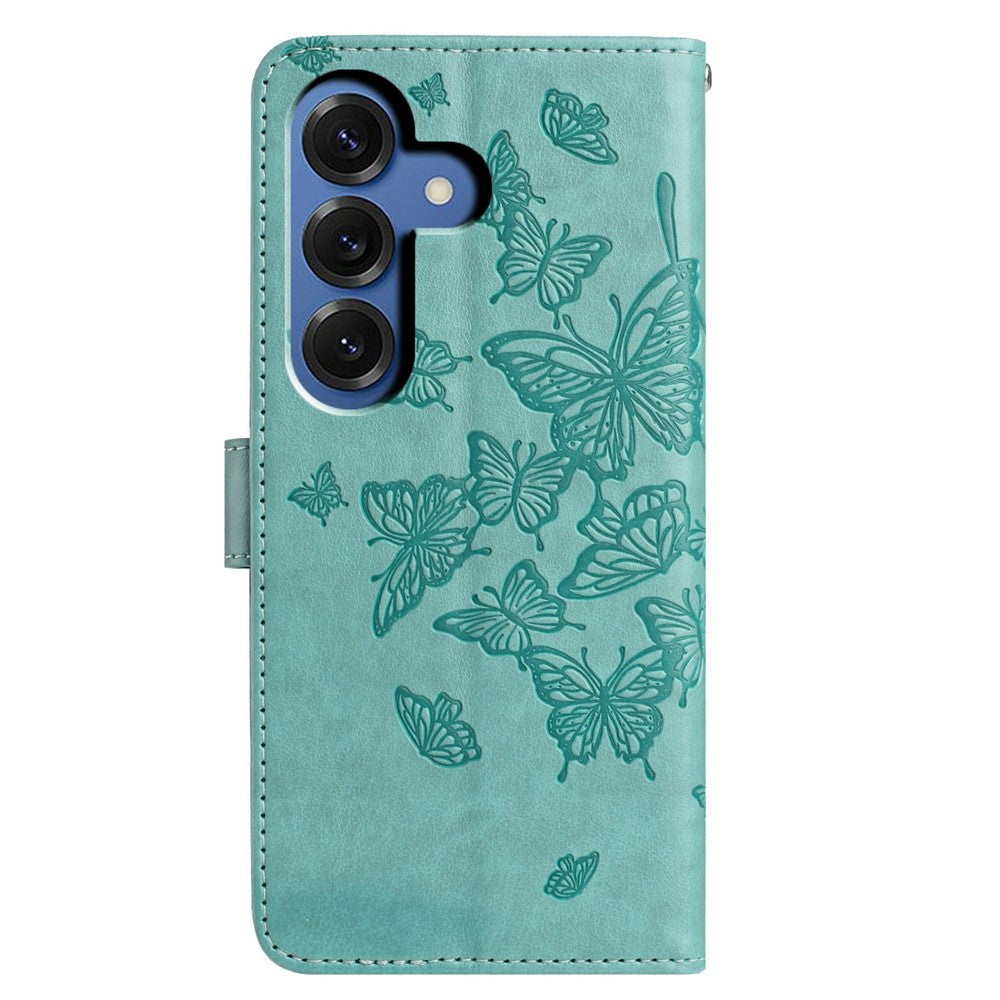 For-Samsung-Galaxy-S26-/-S26-Pro-Case-Butterfly-Imprinted-Wallet-Stand-PU-Leather-Flip-Phone-Cover-with-Strap-Green