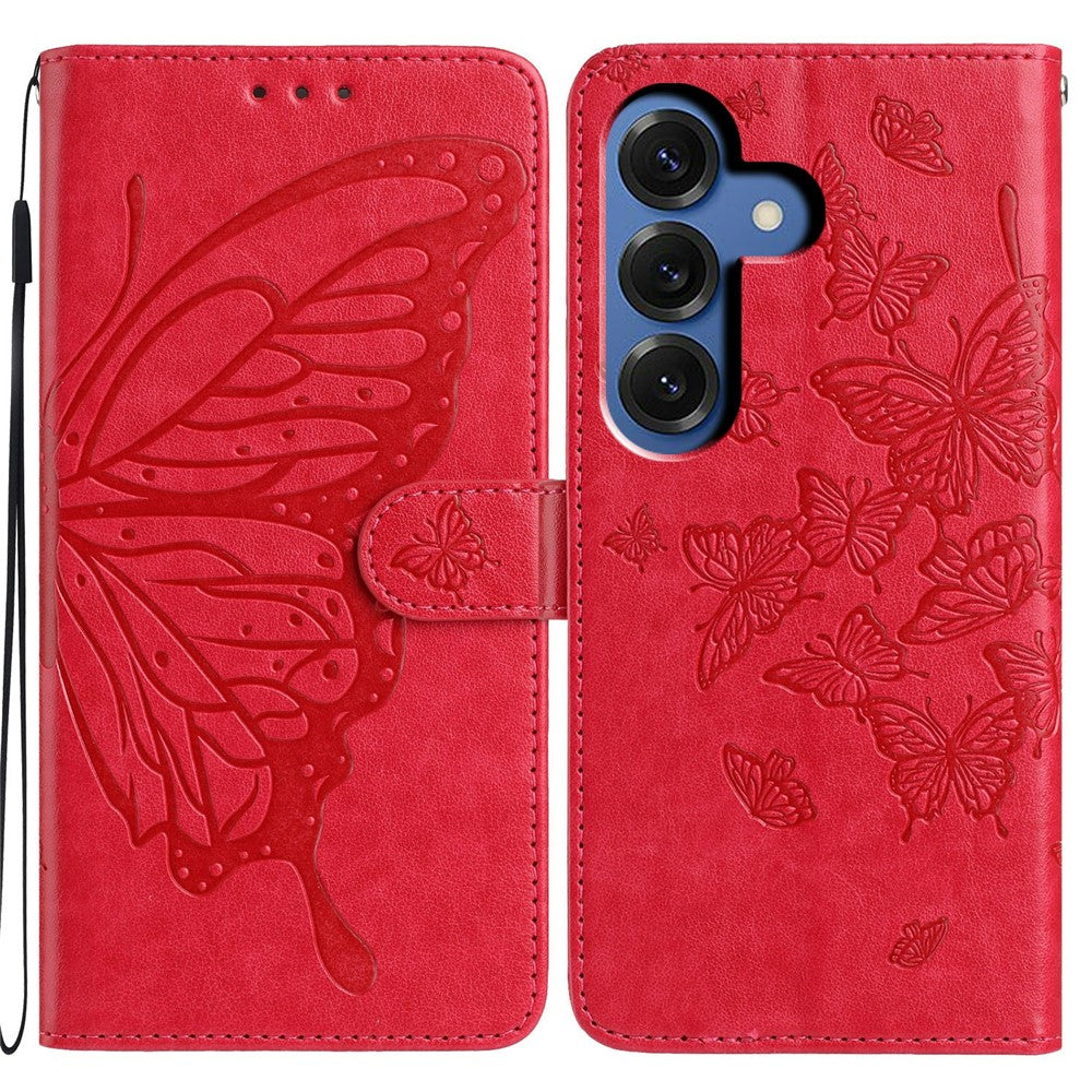 For-Samsung-Galaxy-S26-/-S26-Pro-Case-Butterfly-Imprinted-Wallet-Stand-PU-Leather-Flip-Phone-Cover-with-Strap-Red