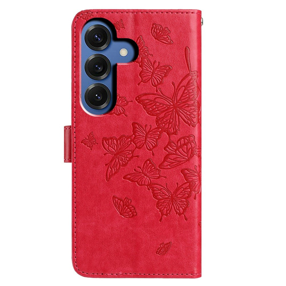 For-Samsung-Galaxy-S26-/-S26-Pro-Case-Butterfly-Imprinted-Wallet-Stand-PU-Leather-Flip-Phone-Cover-with-Strap-Red