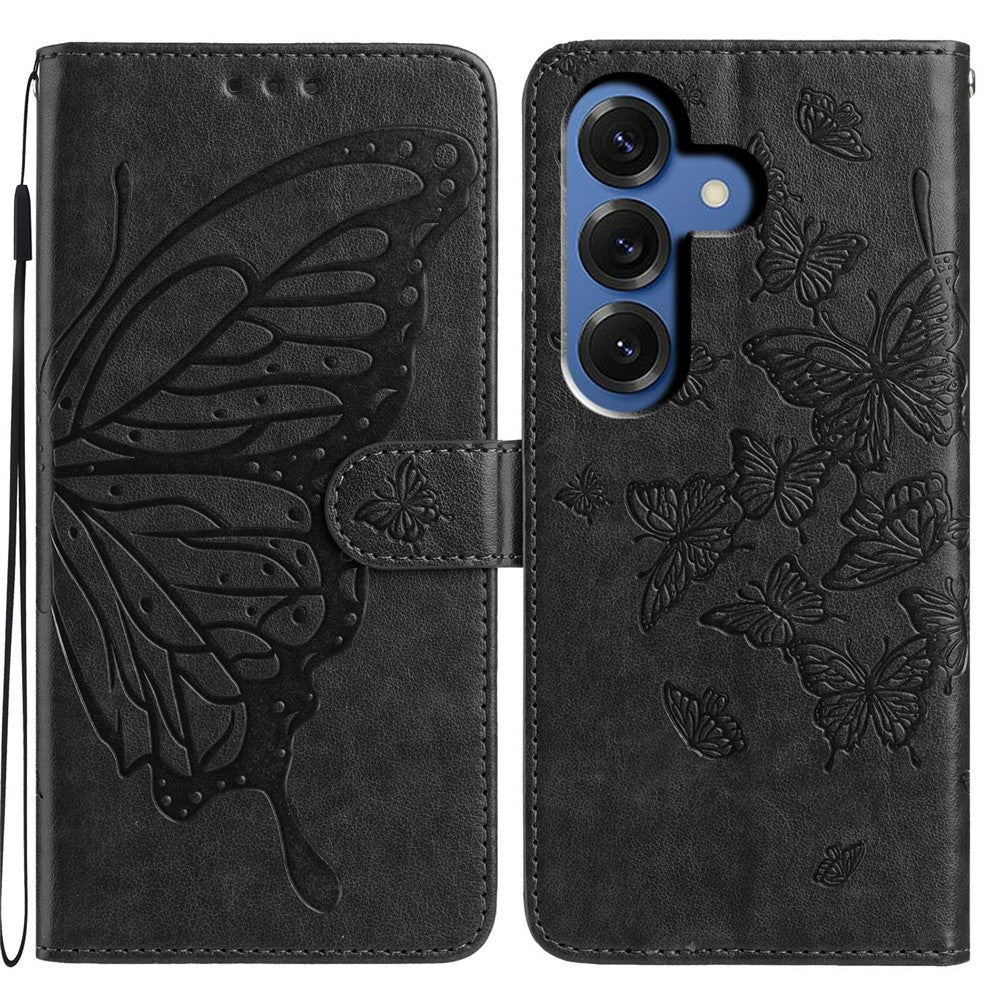 For-Samsung-Galaxy-S26-/-S26-Pro-Case-Butterfly-Imprinted-Wallet-Stand-PU-Leather-Flip-Phone-Cover-with-Strap-Black