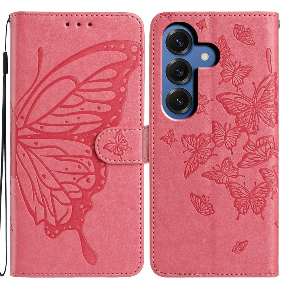 For-Samsung-Galaxy-S26-/-S26-Pro-Case-Butterfly-Imprinted-Wallet-Stand-PU-Leather-Flip-Phone-Cover-with-Strap-Rose