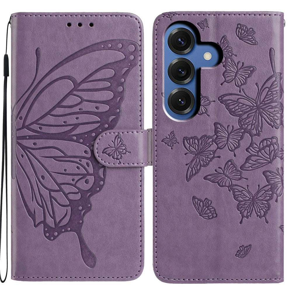 For-Samsung-Galaxy-S26-/-S26-Pro-Case-Butterfly-Imprinted-Wallet-Stand-PU-Leather-Flip-Phone-Cover-with-Strap-Purple