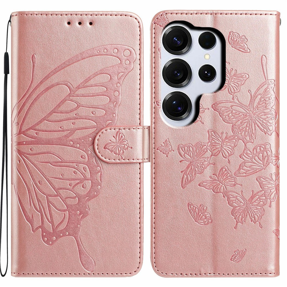 For-Samsung-Galaxy-S26-Ultra-Case-Butterfly-Imprinted-Wallet-Stand-PU-Leather-Flip-Phone-Cover-with-Strap-Rose-Gold