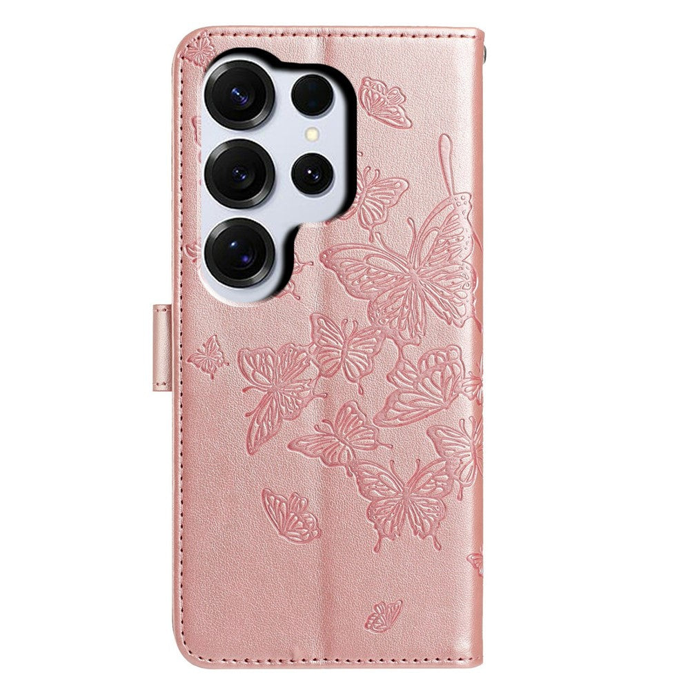 For-Samsung-Galaxy-S26-Ultra-Case-Butterfly-Imprinted-Wallet-Stand-PU-Leather-Flip-Phone-Cover-with-Strap-Rose-Gold